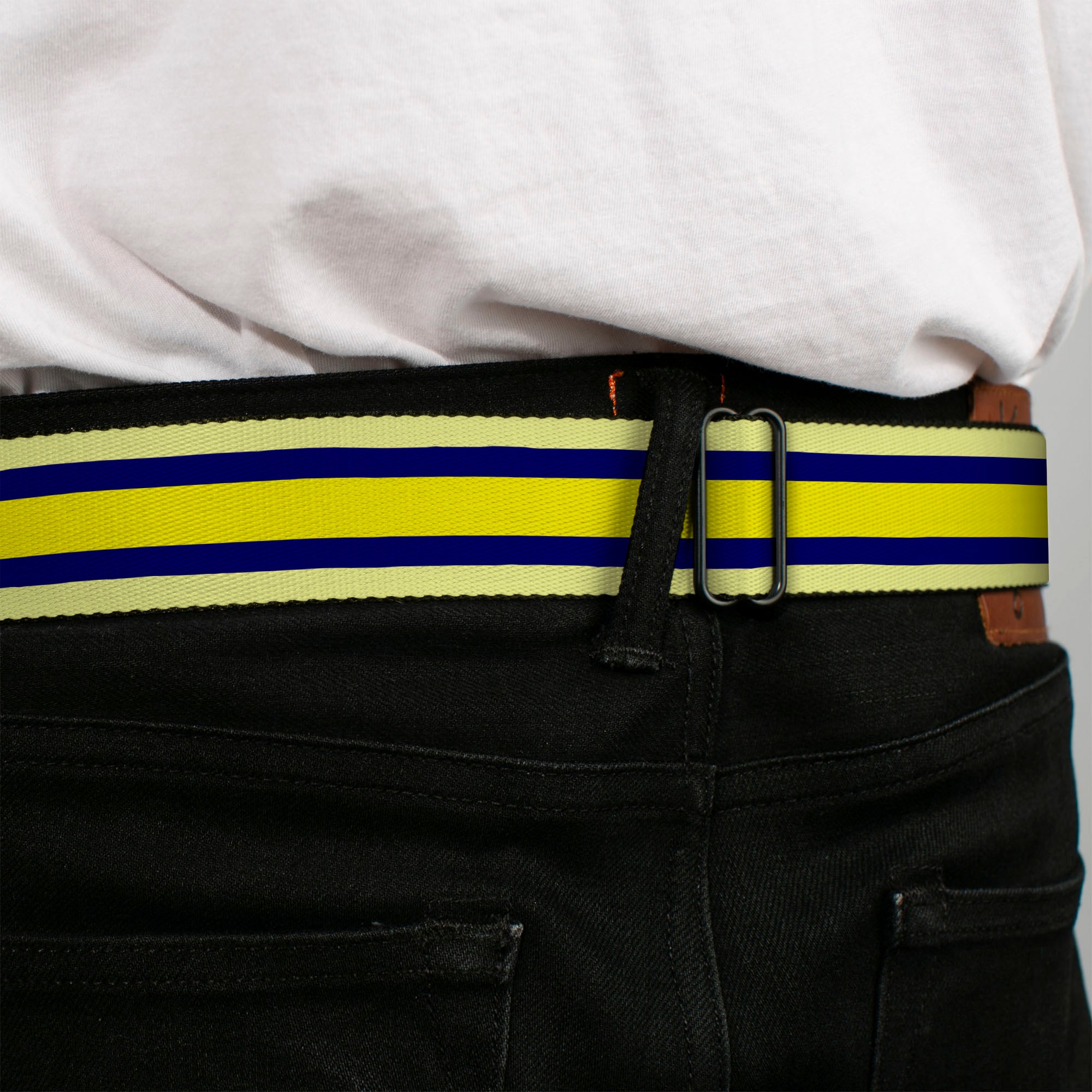 BD Wings Logo CLOSE-UP Full Color Black Silver Seatbelt Belt - Stripes Light Yellow/Navy/Yellow Webbing Seatbelt Belts Buckle-Down
