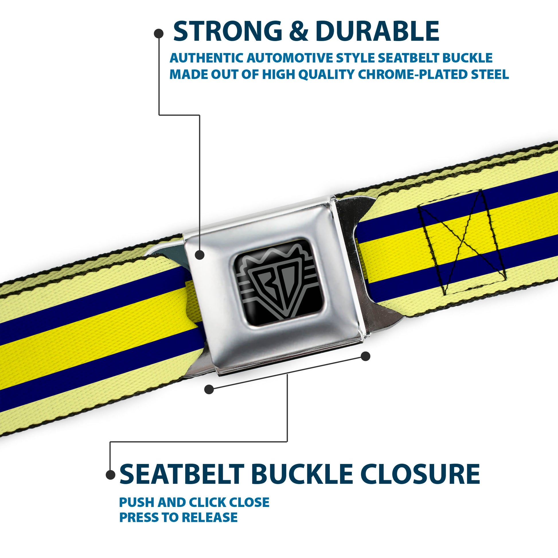 BD Wings Logo CLOSE-UP Full Color Black Silver Seatbelt Belt - Stripes Light Yellow/Navy/Yellow Webbing Seatbelt Belts Buckle-Down