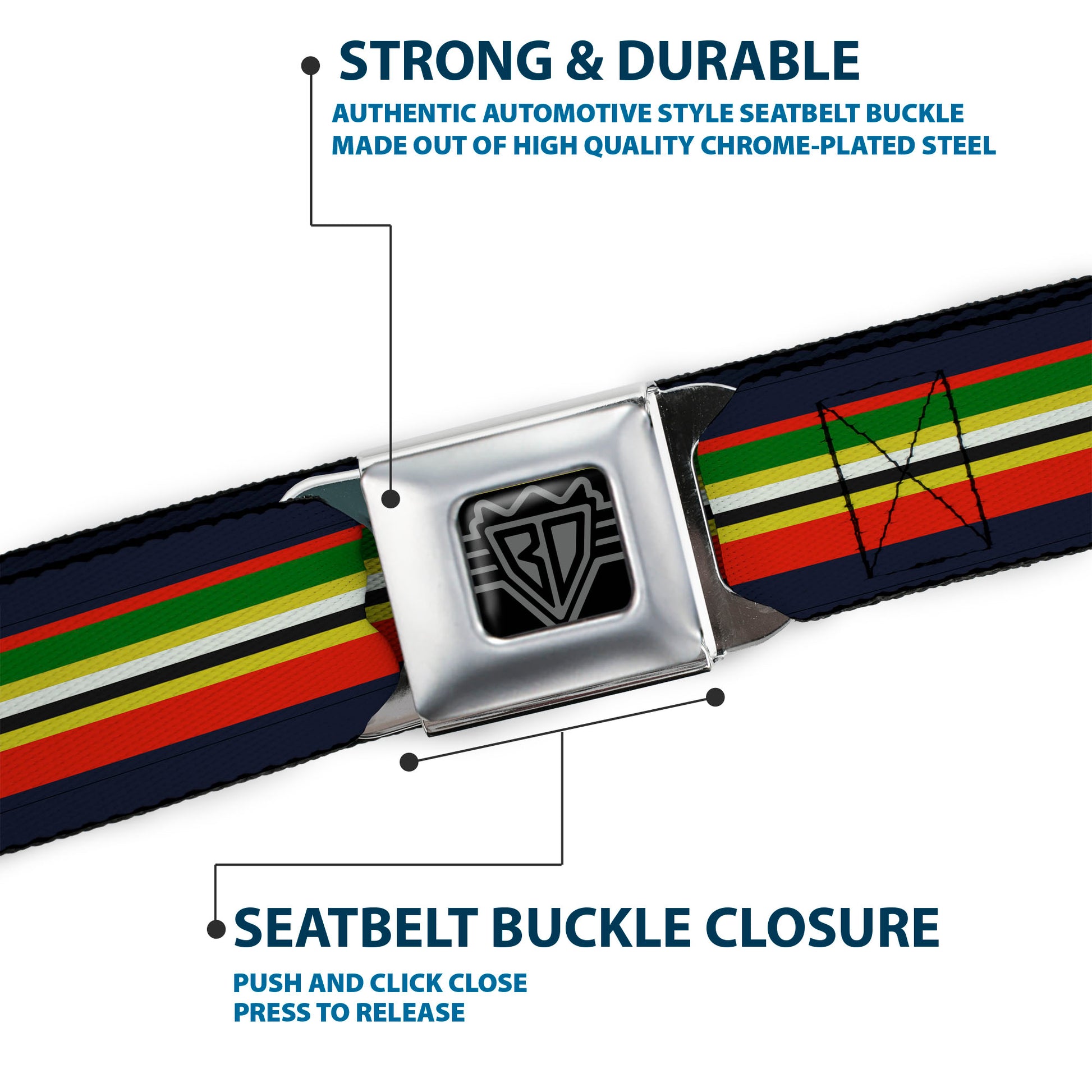 BD Wings Logo CLOSE-UP Full Color Black Silver Seatbelt Belt - Stripes Navy/Red/Yellow/Black/White/Green Webbing Seatbelt Belts Buckle-Down
