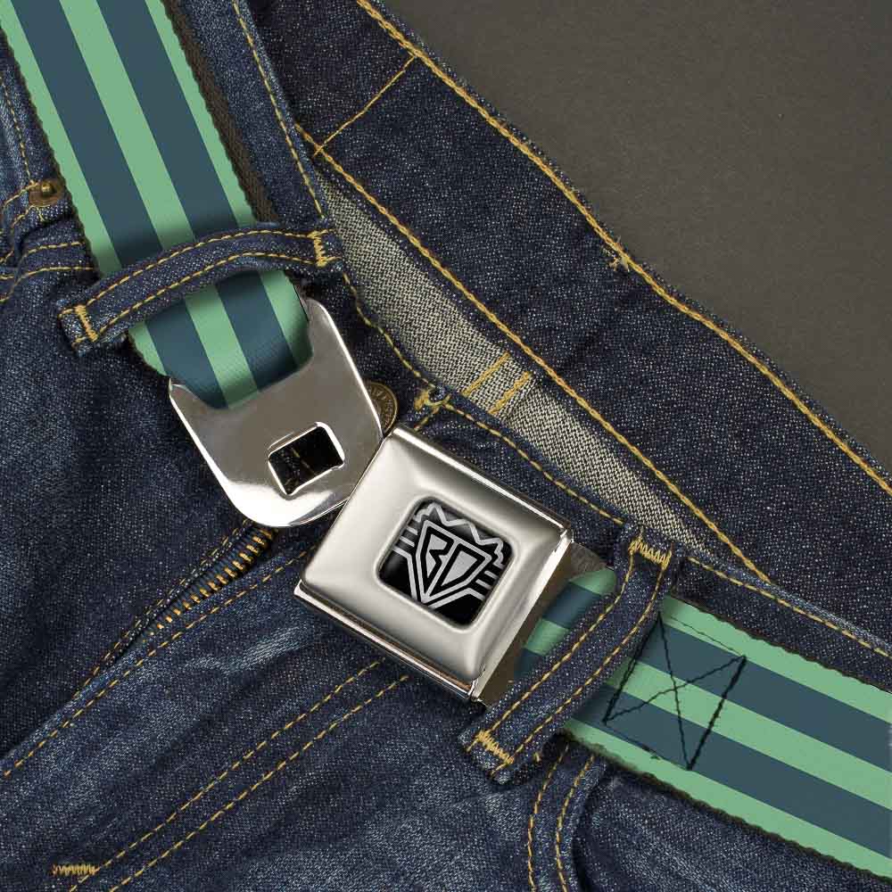 BD Wings Logo CLOSE-UP Full Color Black Silver Seatbelt Belt - Stripes Pastel Green/Olive Webbing Seatbelt Belts Buckle-Down