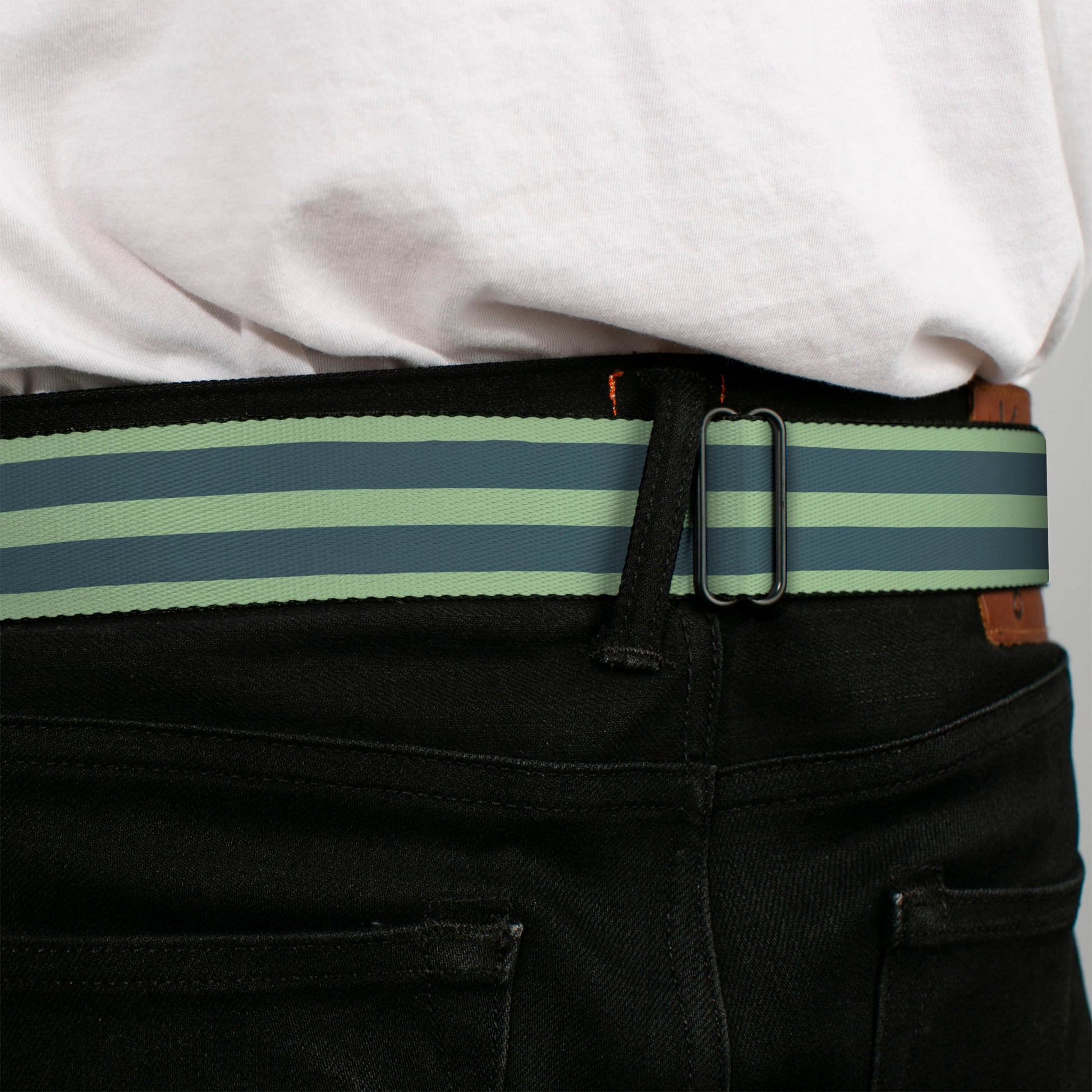 BD Wings Logo CLOSE-UP Full Color Black Silver Seatbelt Belt - Stripes Pastel Green/Olive Webbing Seatbelt Belts Buckle-Down
