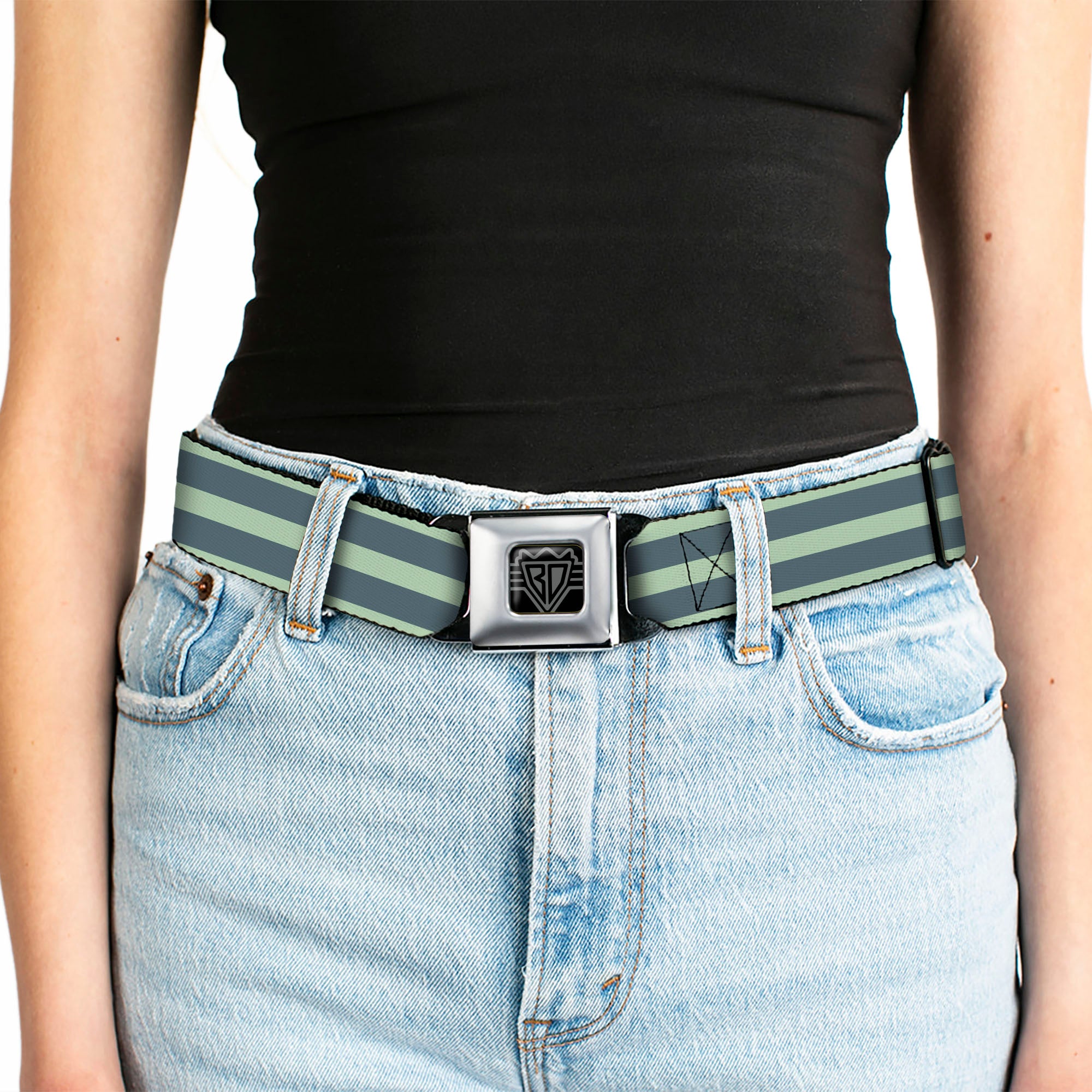 BD Wings Logo CLOSE-UP Full Color Black Silver Seatbelt Belt - Stripes Pastel Green/Olive Webbing Seatbelt Belts Buckle-Down