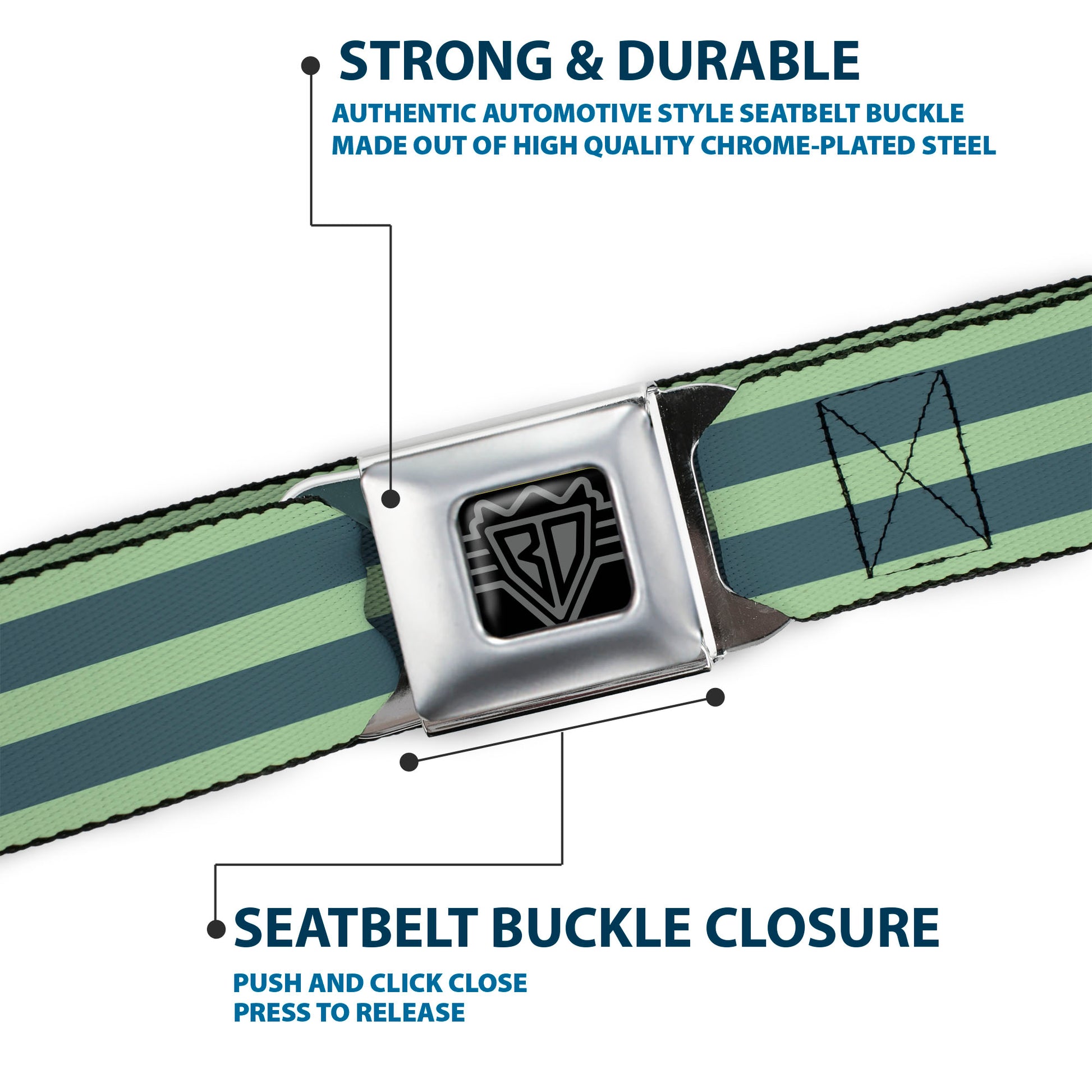 BD Wings Logo CLOSE-UP Full Color Black Silver Seatbelt Belt - Stripes Pastel Green/Olive Webbing Seatbelt Belts Buckle-Down