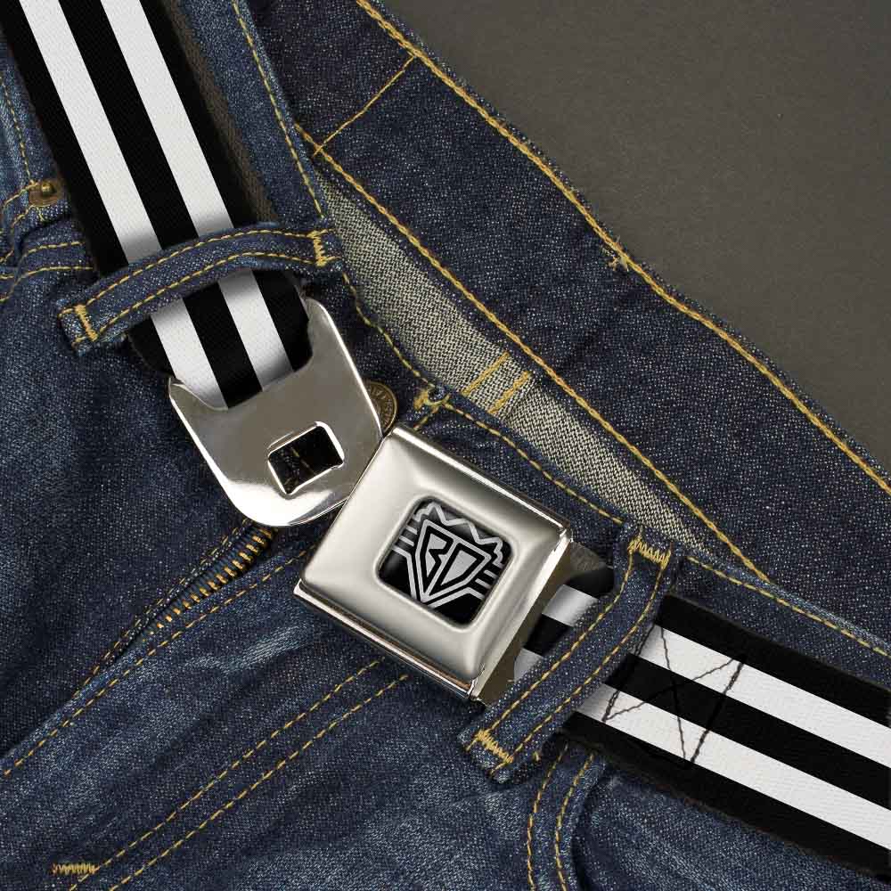 BD Wings Logo CLOSE-UP Full Color Black Silver Seatbelt Belt - Stripes 3Black/2White Webbing Seatbelt Belts Buckle-Down