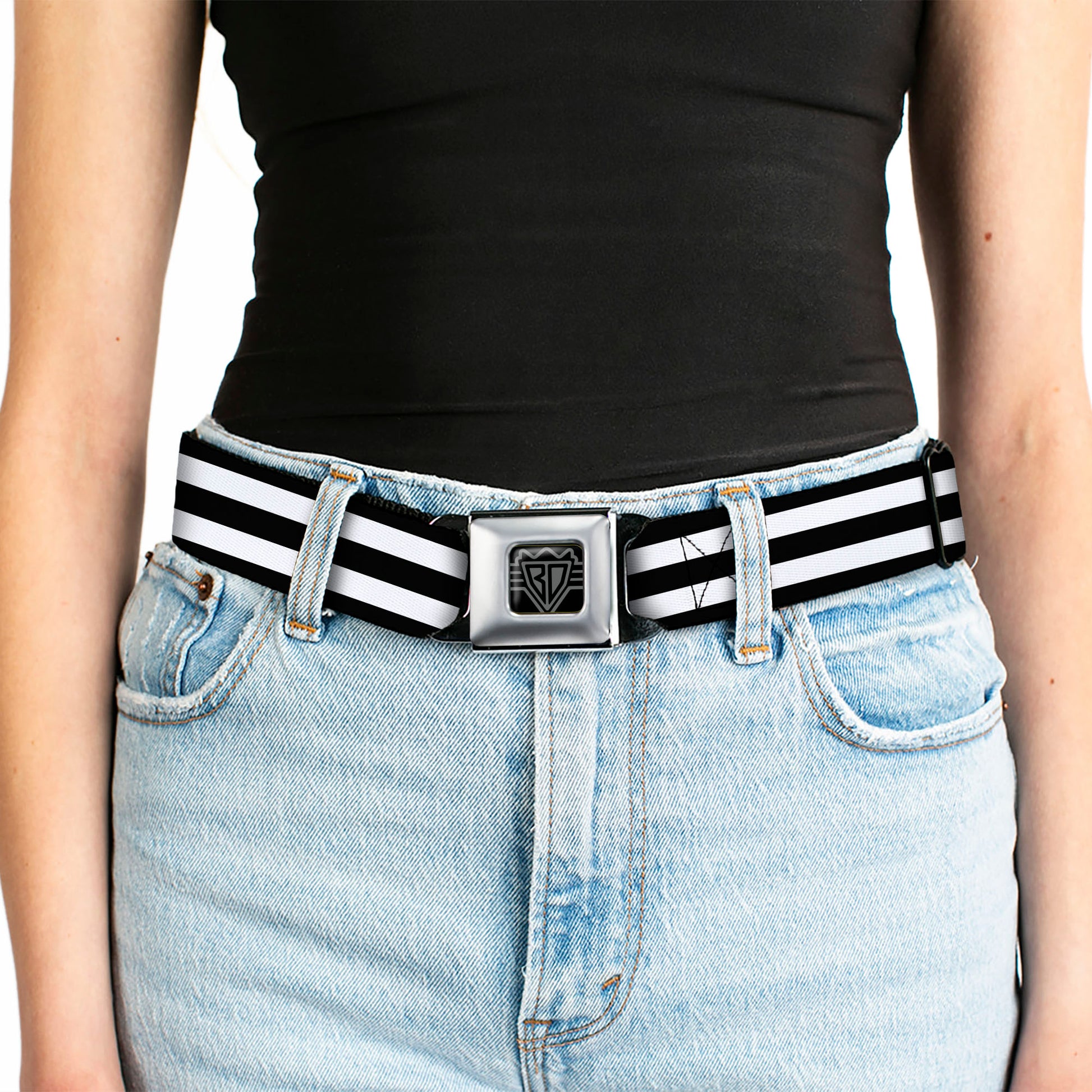 BD Wings Logo CLOSE-UP Full Color Black Silver Seatbelt Belt - Stripes 3Black/2White Webbing Seatbelt Belts Buckle-Down