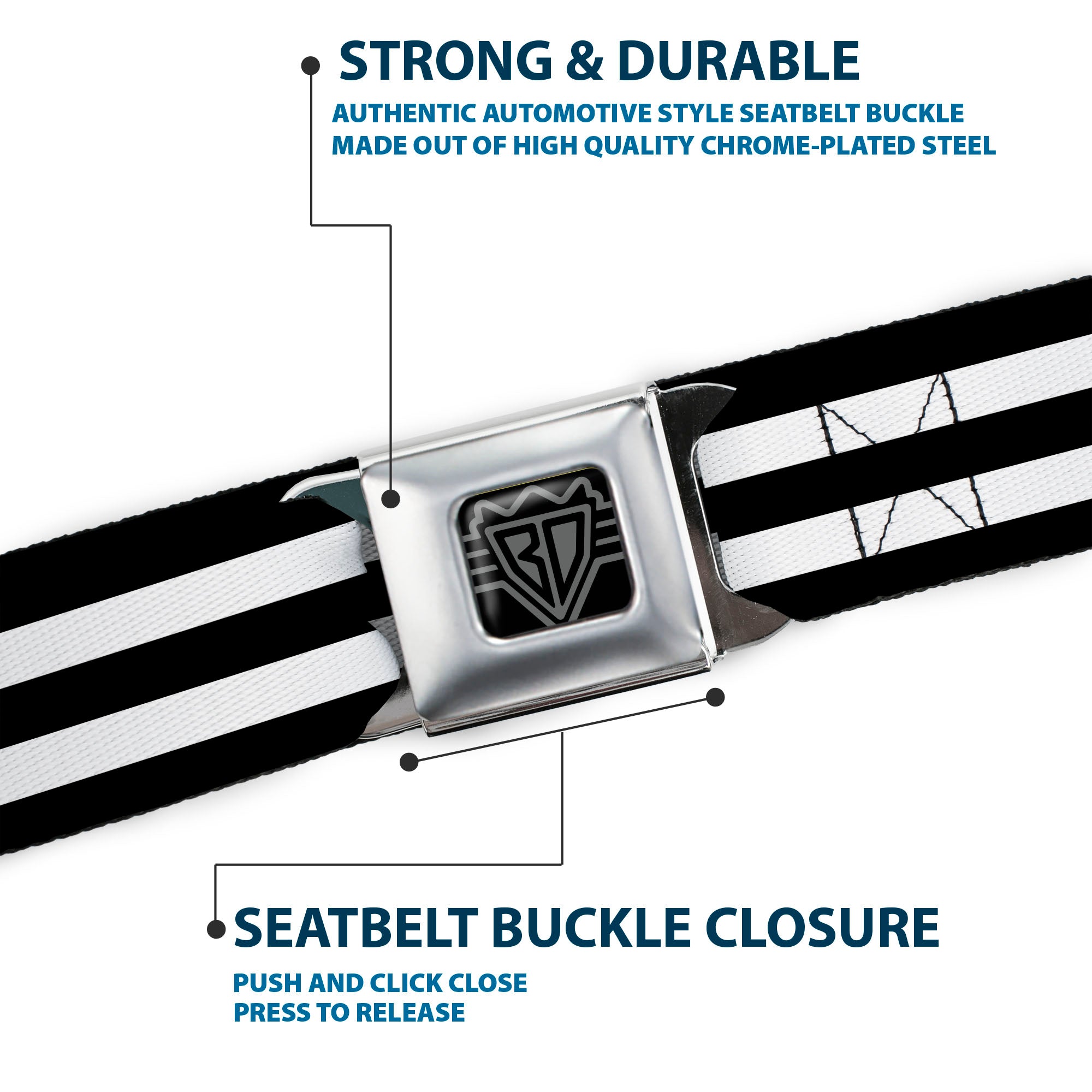 BD Wings Logo CLOSE-UP Full Color Black Silver Seatbelt Belt - Stripes 3Black/2White Webbing Seatbelt Belts Buckle-Down