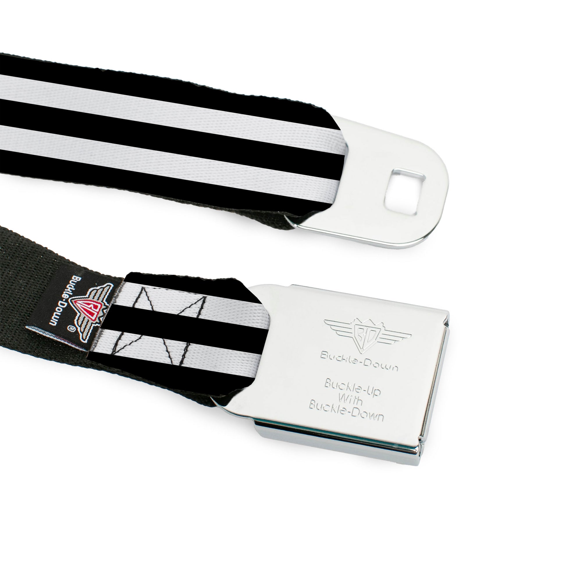 BD Wings Logo CLOSE-UP Full Color Black Silver Seatbelt Belt - Stripes 3Black/2White Webbing Seatbelt Belts Buckle-Down
