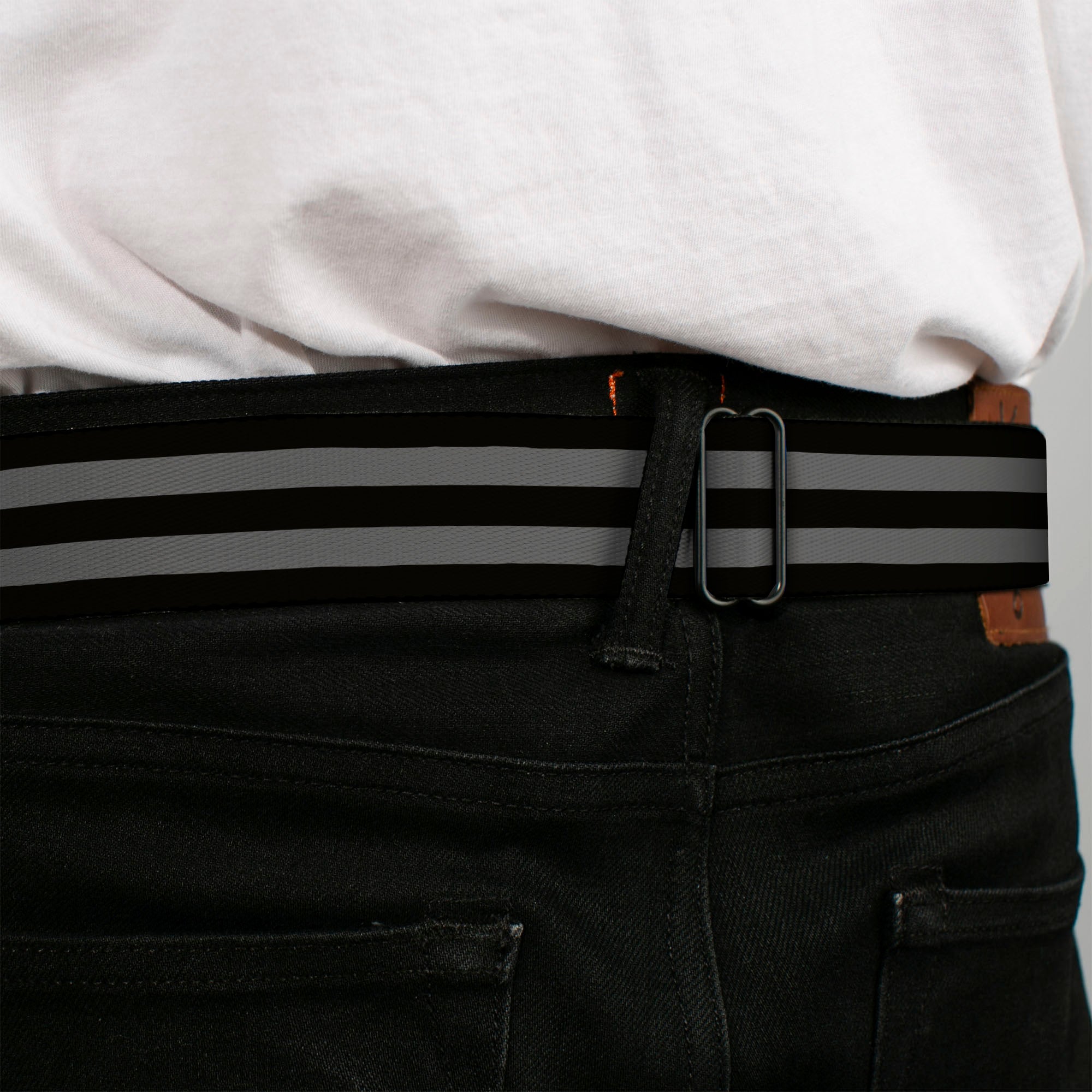 BD Wings Logo CLOSE-UP Full Color Black Silver Seatbelt Belt - Stripes 3Black/2Gray Webbing Seatbelt Belts Buckle-Down