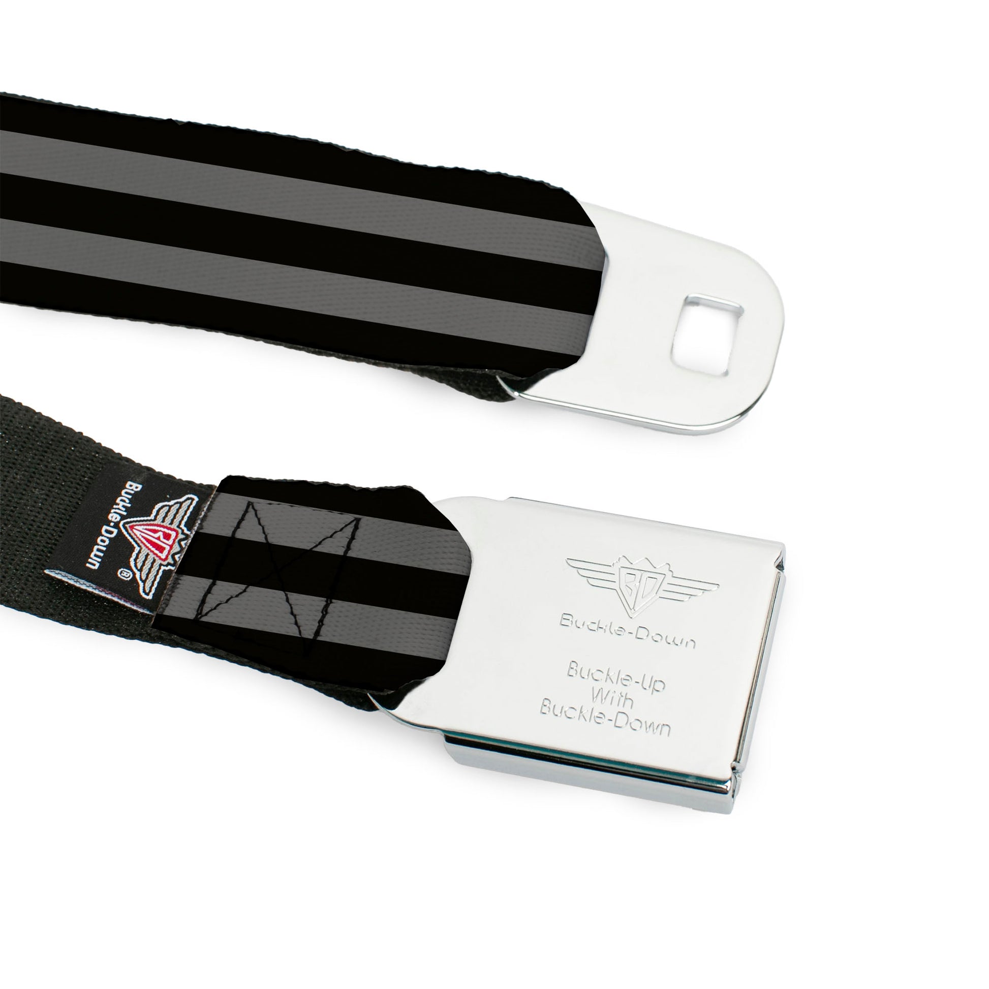 BD Wings Logo CLOSE-UP Full Color Black Silver Seatbelt Belt - Stripes 3Black/2Gray Webbing Seatbelt Belts Buckle-Down