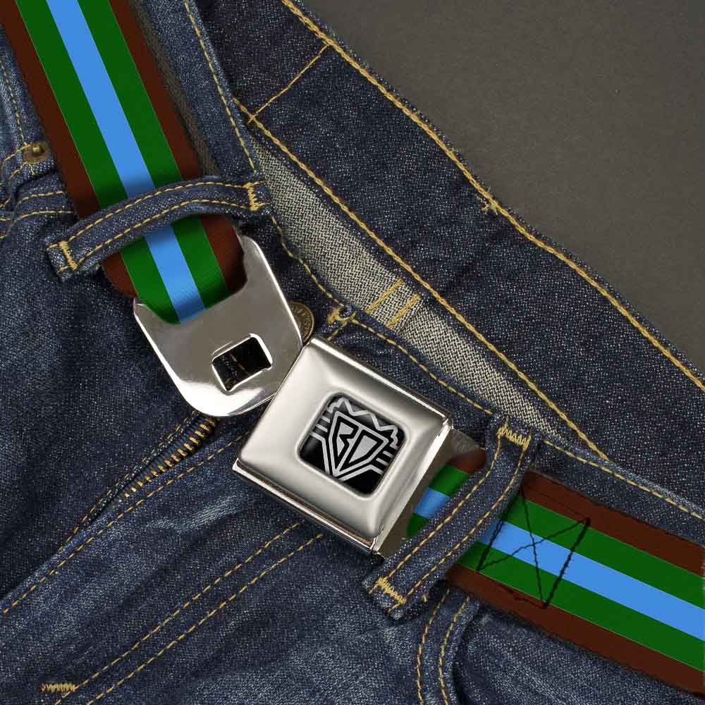 BD Wings Logo CLOSE-UP Full Color Black Silver Seatbelt Belt - Stripes Brown/Green/Baby Blue Webbing Seatbelt Belts Buckle-Down
