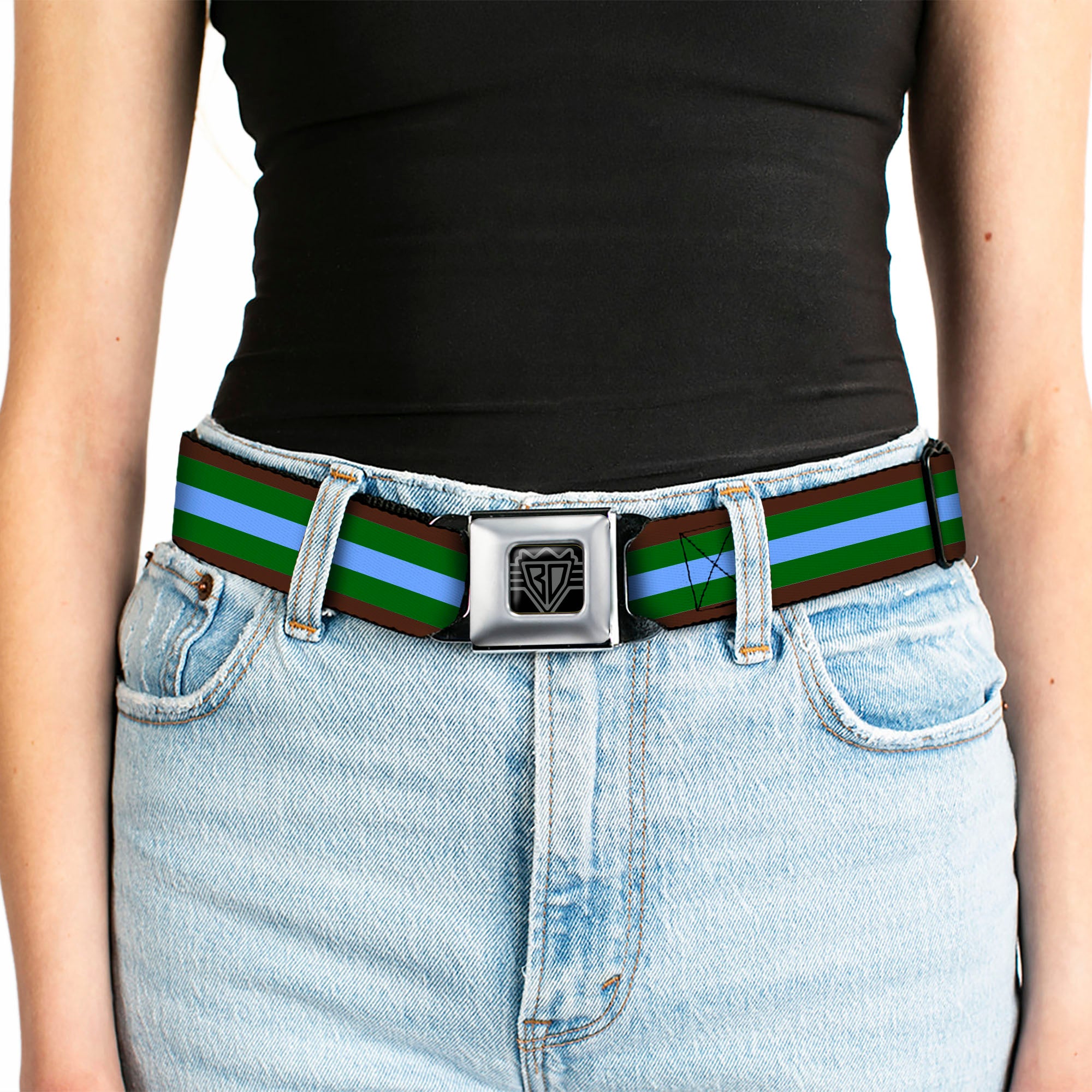 BD Wings Logo CLOSE-UP Full Color Black Silver Seatbelt Belt - Stripes Brown/Green/Baby Blue Webbing Seatbelt Belts Buckle-Down