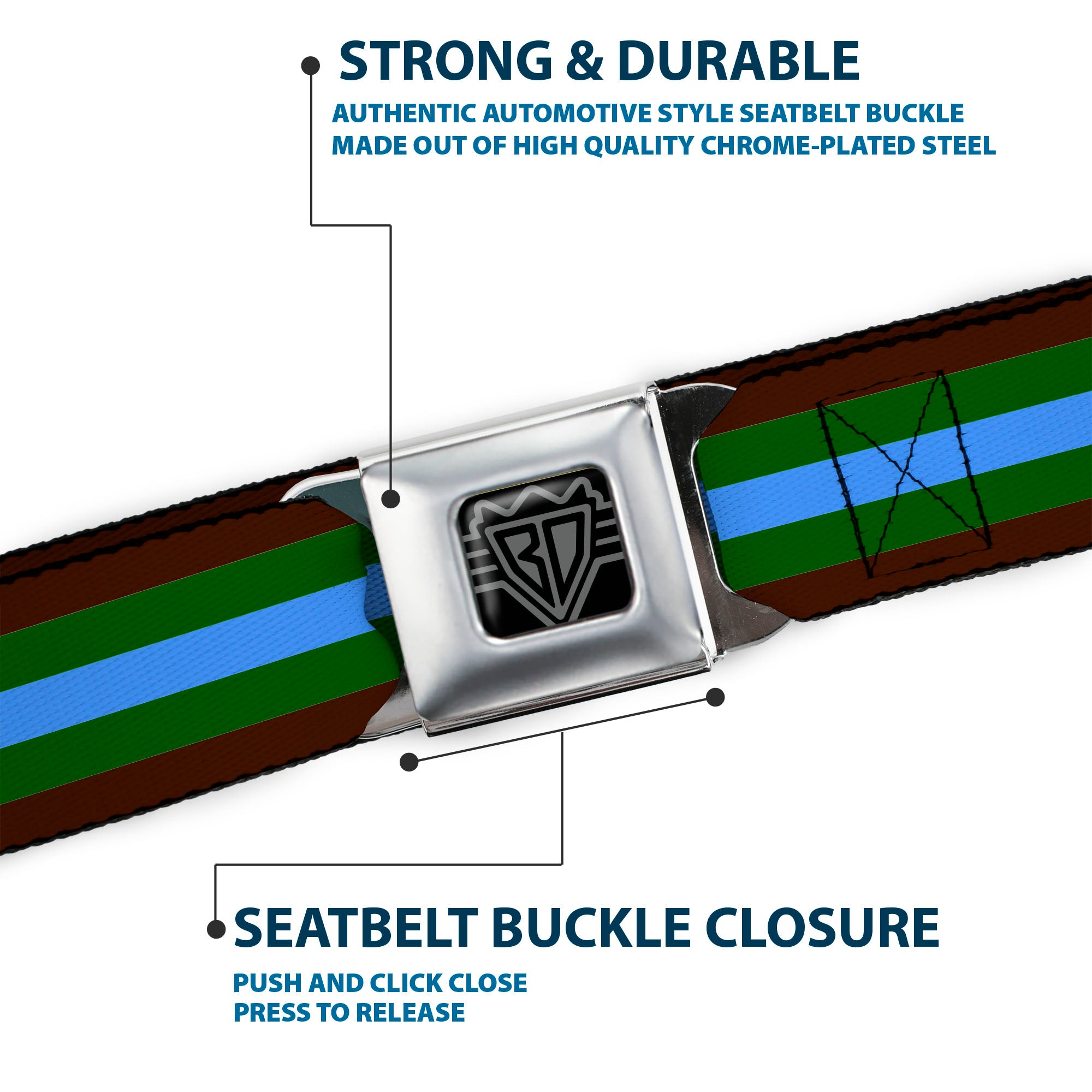 BD Wings Logo CLOSE-UP Full Color Black Silver Seatbelt Belt - Stripes Brown/Green/Baby Blue Webbing Seatbelt Belts Buckle-Down