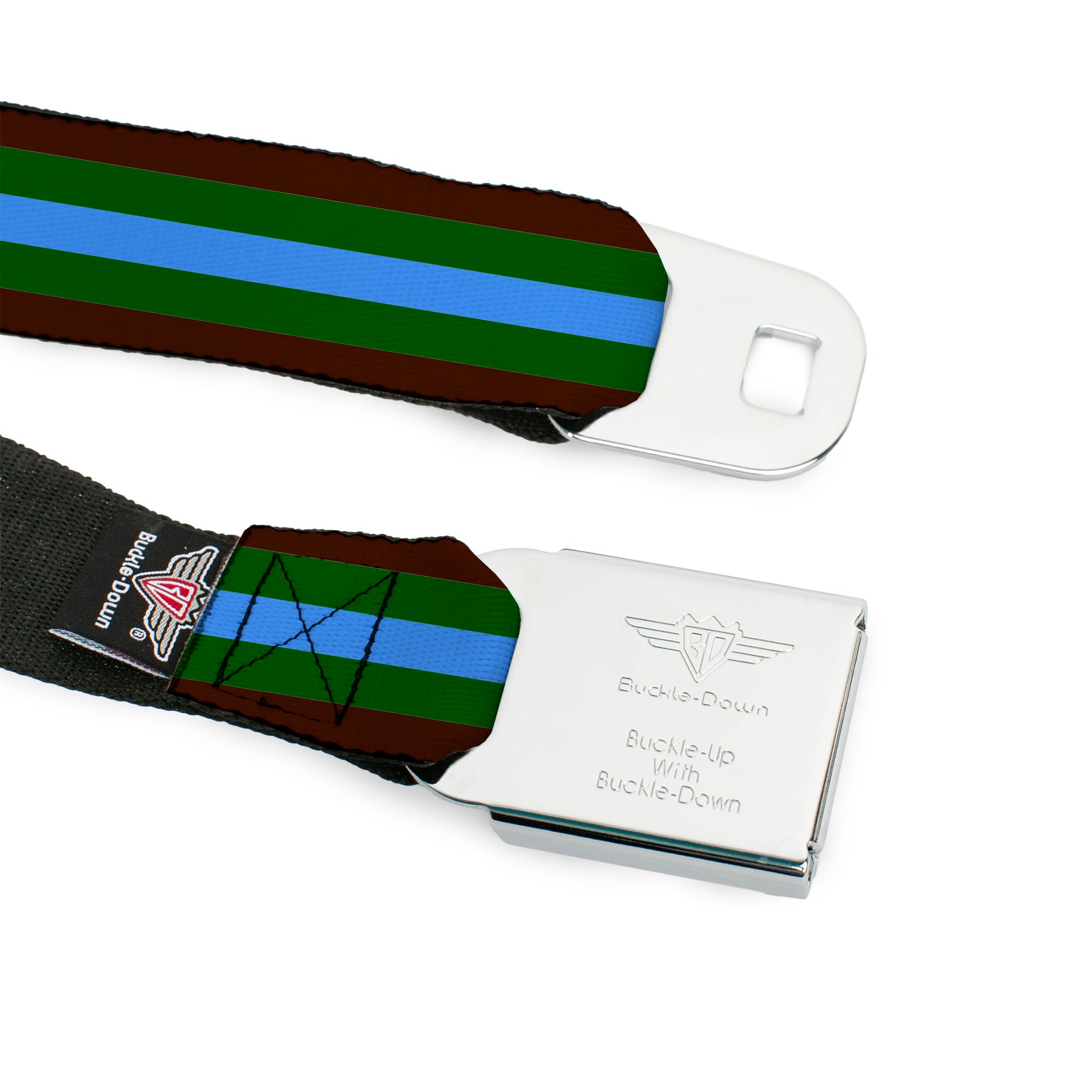 BD Wings Logo CLOSE-UP Full Color Black Silver Seatbelt Belt - Stripes Brown/Green/Baby Blue Webbing Seatbelt Belts Buckle-Down