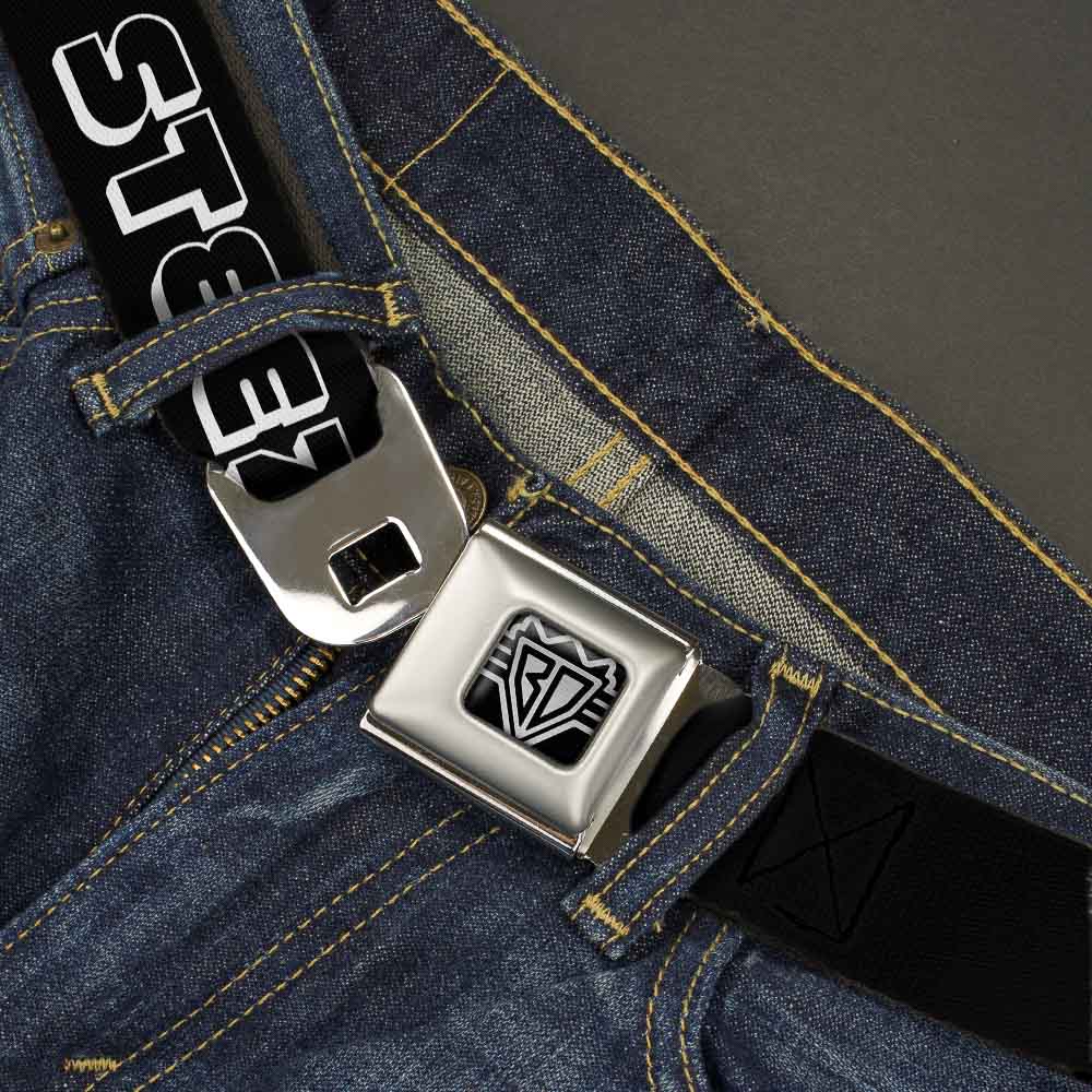 BD Wings Logo CLOSE-UP Full Color Black Silver Seatbelt Belt - STEEZ 3-D Black/White Webbing Seatbelt Belts Buckle-Down