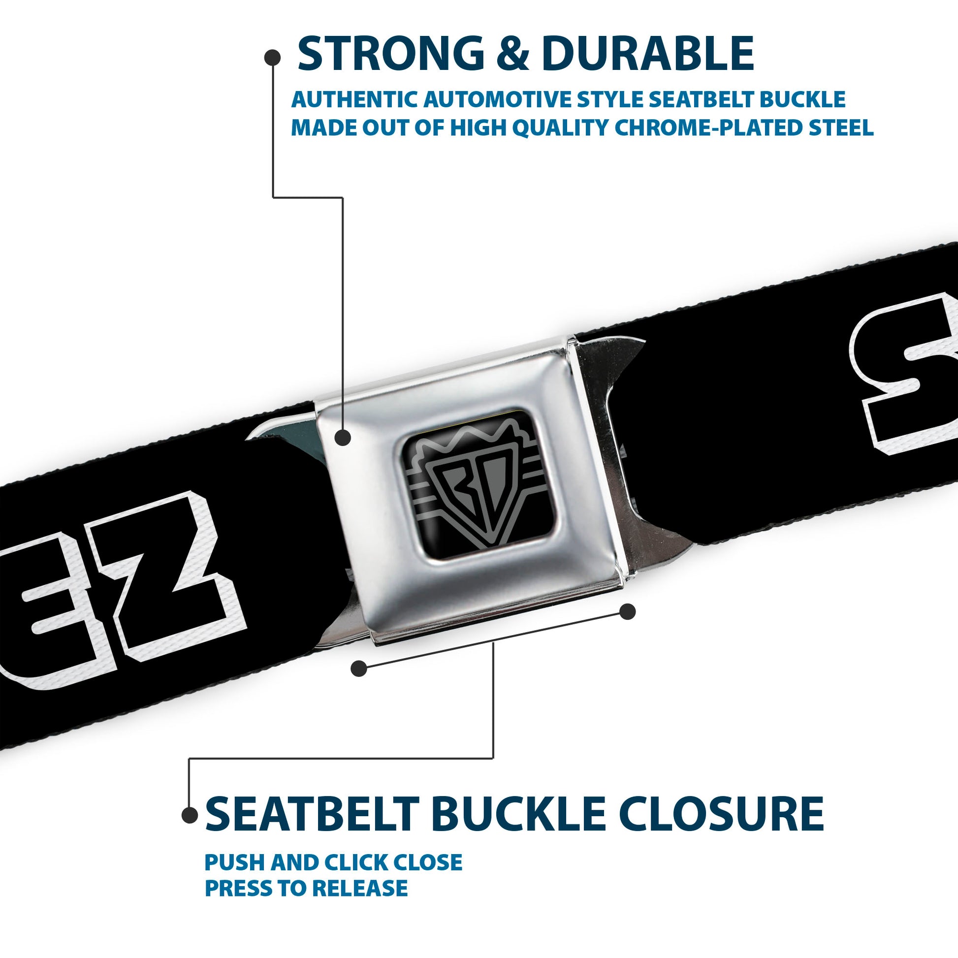 BD Wings Logo CLOSE-UP Full Color Black Silver Seatbelt Belt - STEEZ 3-D Black/White Webbing Seatbelt Belts Buckle-Down