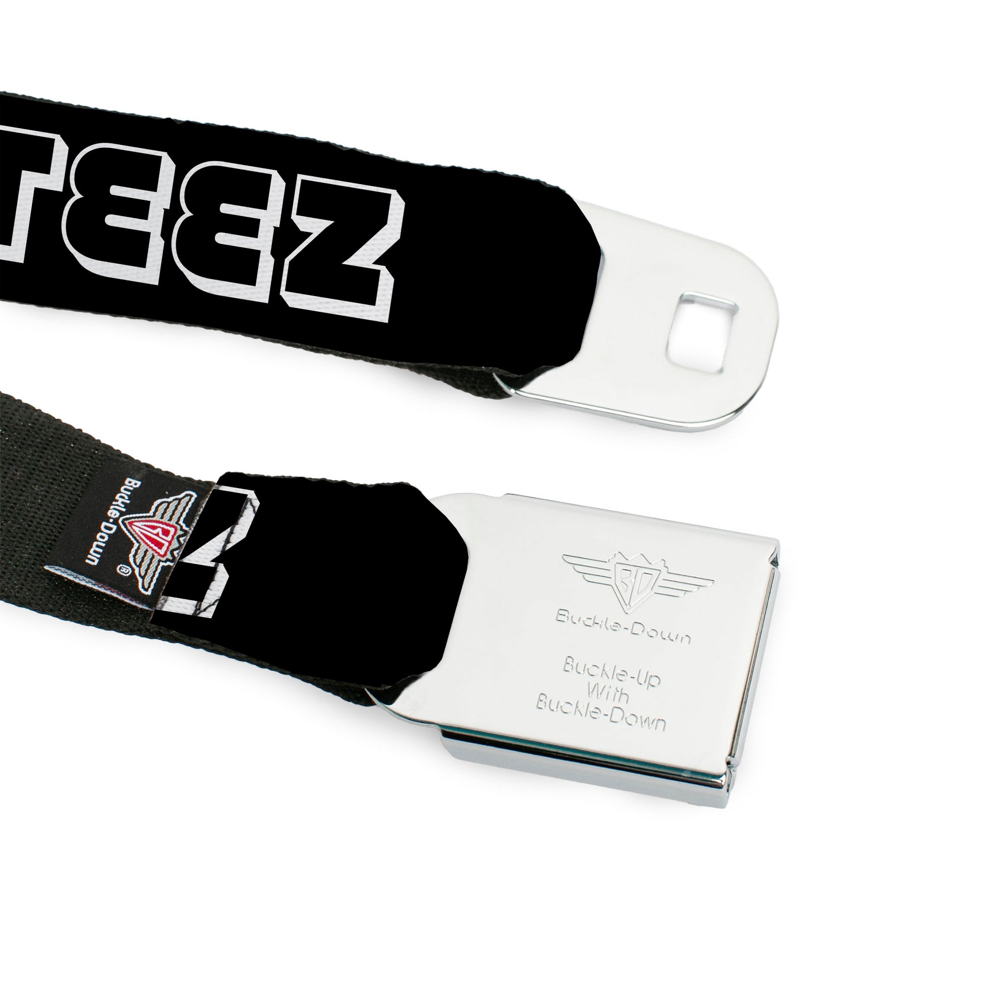 BD Wings Logo CLOSE-UP Full Color Black Silver Seatbelt Belt - STEEZ 3-D Black/White Webbing Seatbelt Belts Buckle-Down