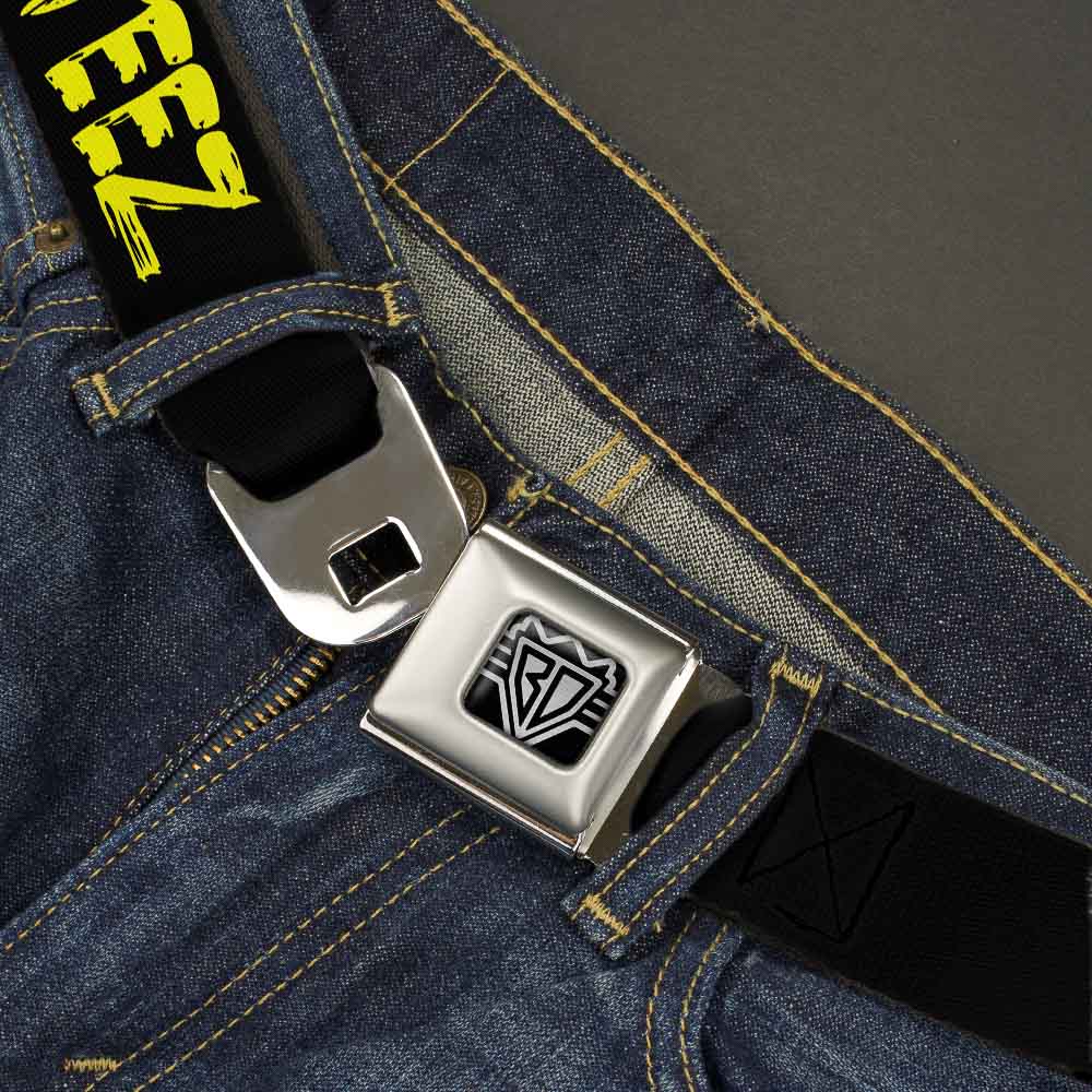 BD Wings Logo CLOSE-UP Full Color Black Silver Seatbelt Belt - STEEZ Brushed Black/Yellow Webbing Seatbelt Belts Buckle-Down