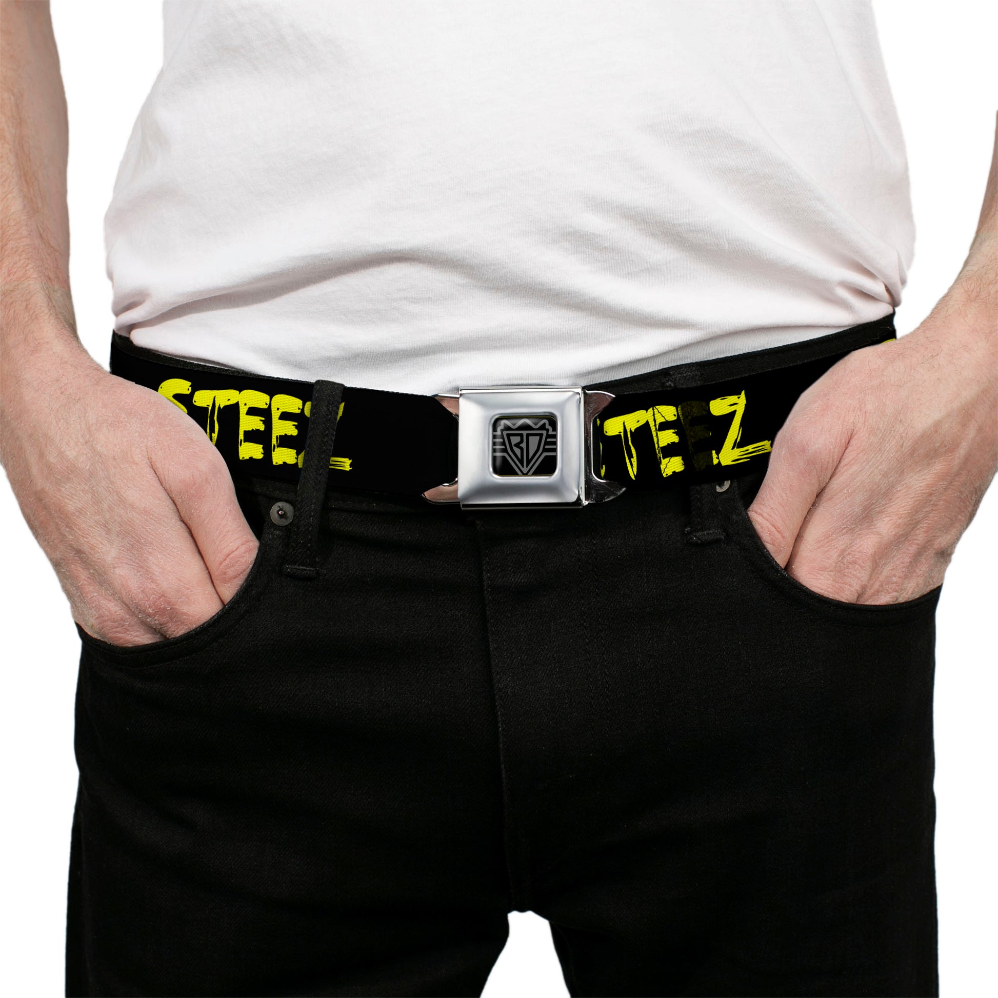 BD Wings Logo CLOSE-UP Full Color Black Silver Seatbelt Belt - STEEZ Brushed Black/Yellow Webbing Seatbelt Belts Buckle-Down