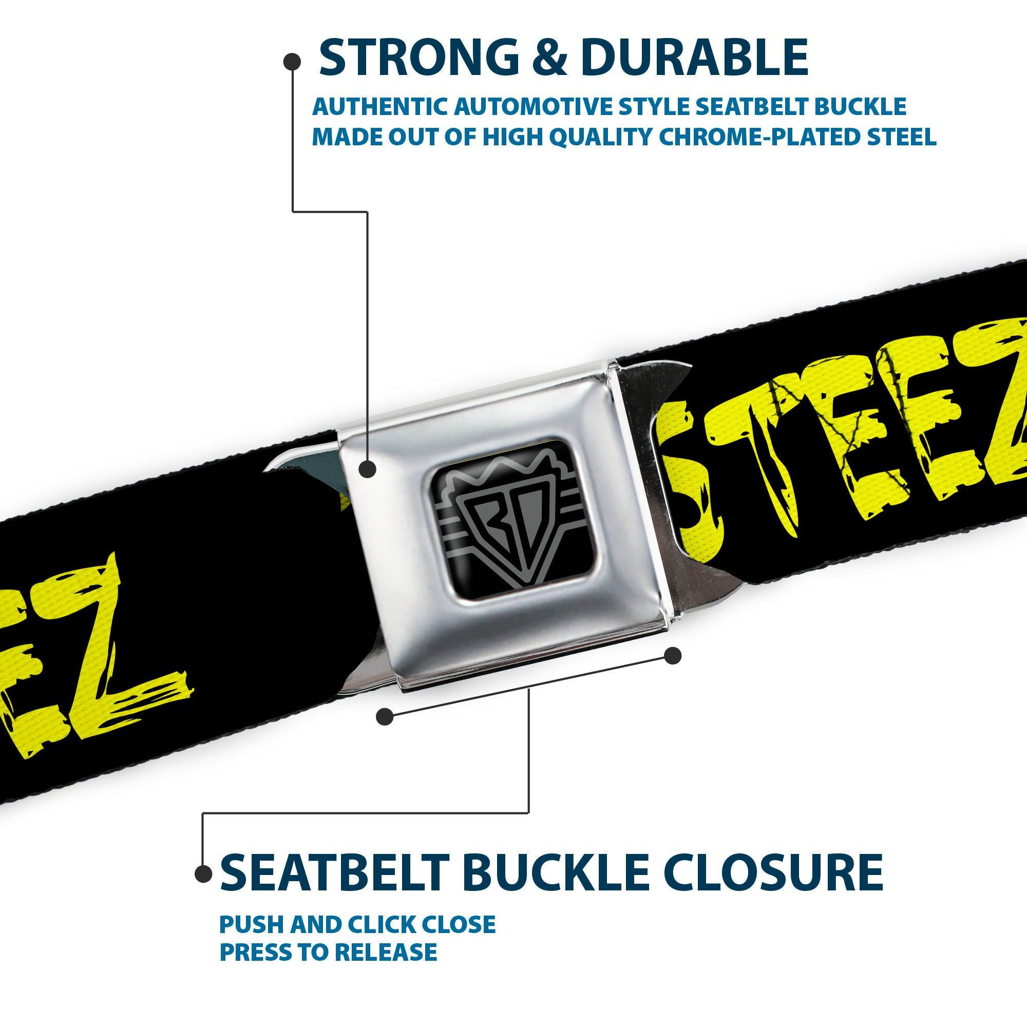 BD Wings Logo CLOSE-UP Full Color Black Silver Seatbelt Belt - STEEZ Brushed Black/Yellow Webbing Seatbelt Belts Buckle-Down