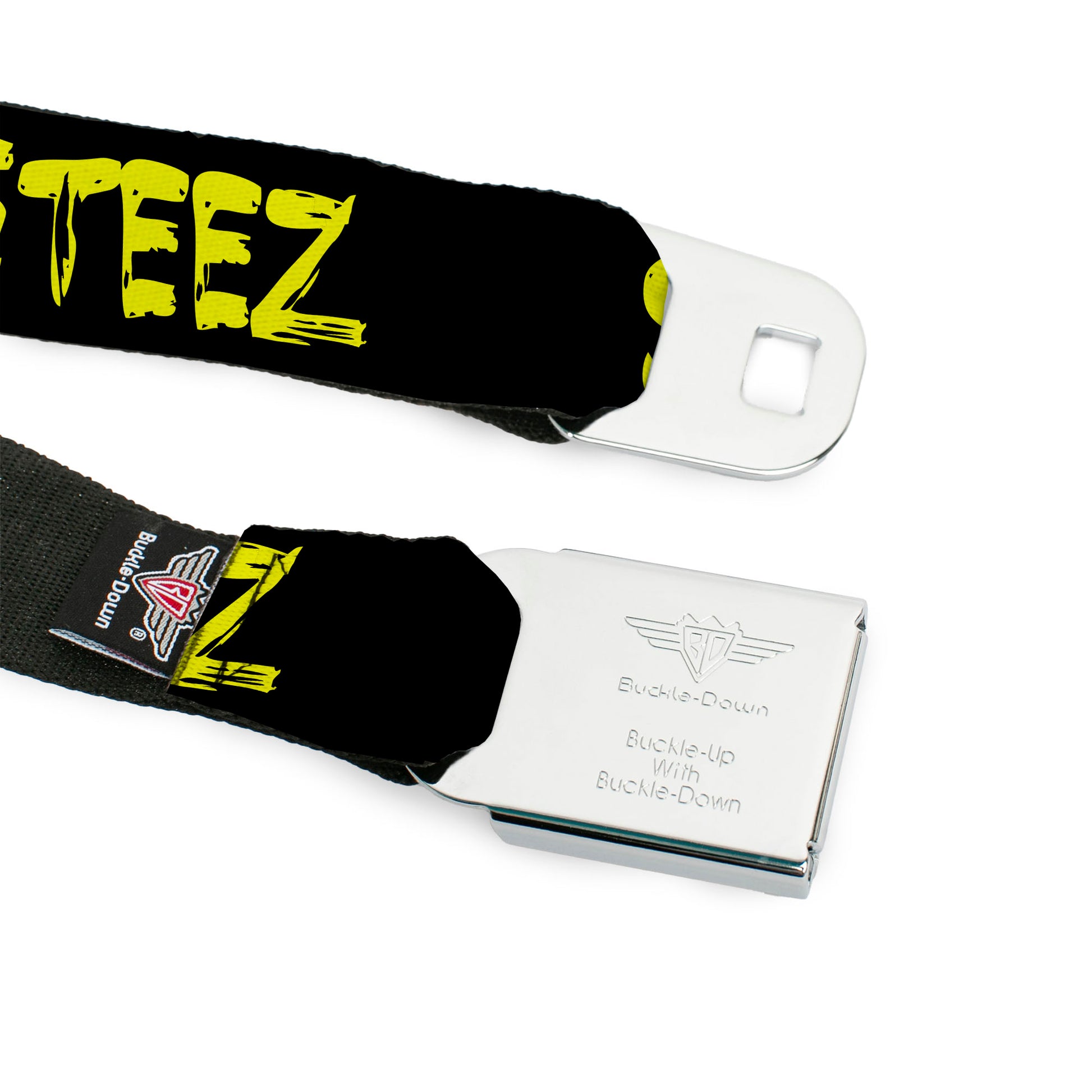 BD Wings Logo CLOSE-UP Full Color Black Silver Seatbelt Belt - STEEZ Brushed Black/Yellow Webbing Seatbelt Belts Buckle-Down