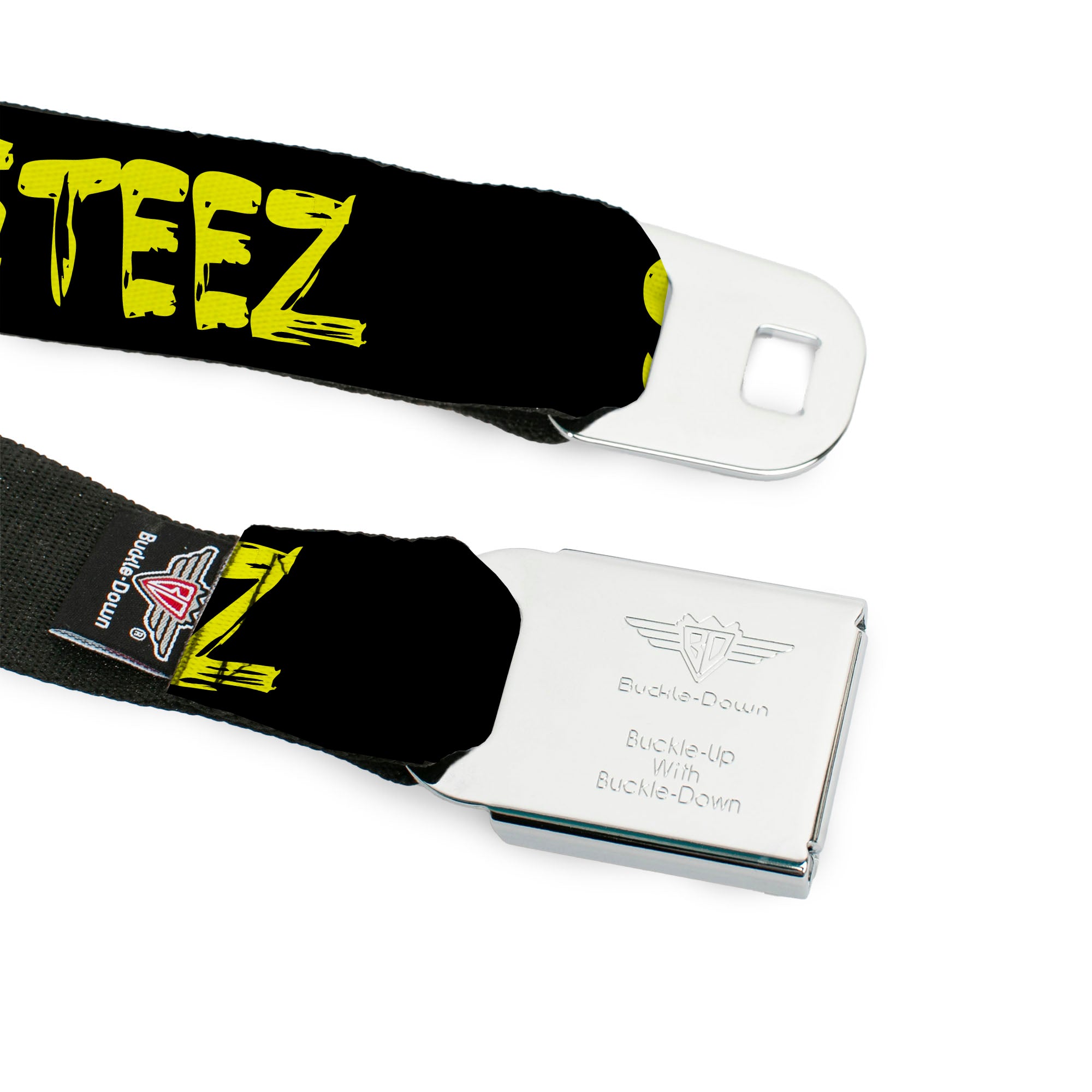 BD Wings Logo CLOSE-UP Full Color Black Silver Seatbelt Belt - STEEZ Brushed Black/Yellow Webbing Seatbelt Belts Buckle-Down