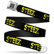 BD Wings Logo CLOSE-UP Full Color Black Silver Seatbelt Belt - STEEZ Brushed Black/Yellow Webbing Seatbelt Belts Buckle-Down