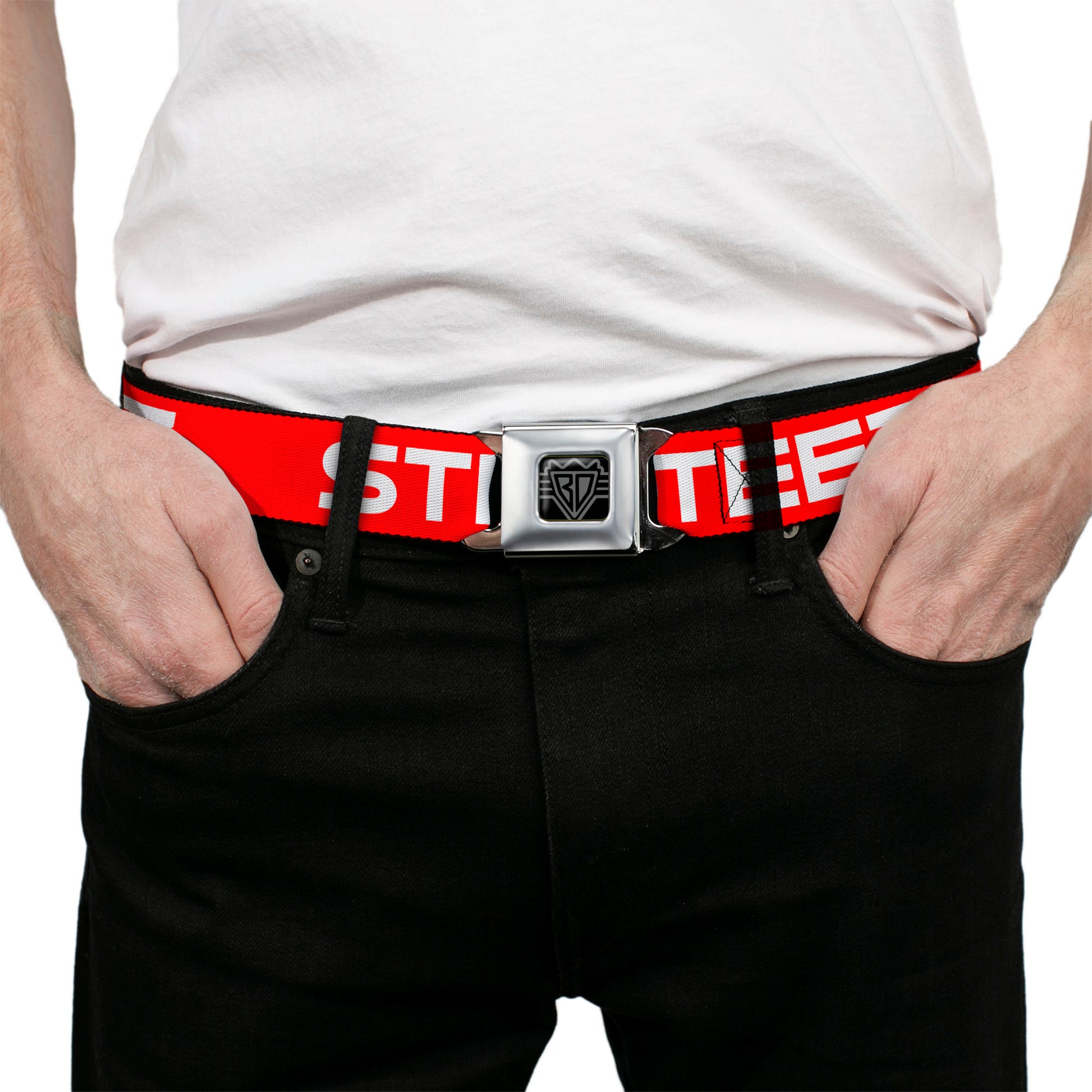 BD Wings Logo CLOSE-UP Full Color Black Silver Seatbelt Belt - STEEZ Flat Red/White Webbing Seatbelt Belts Buckle-Down