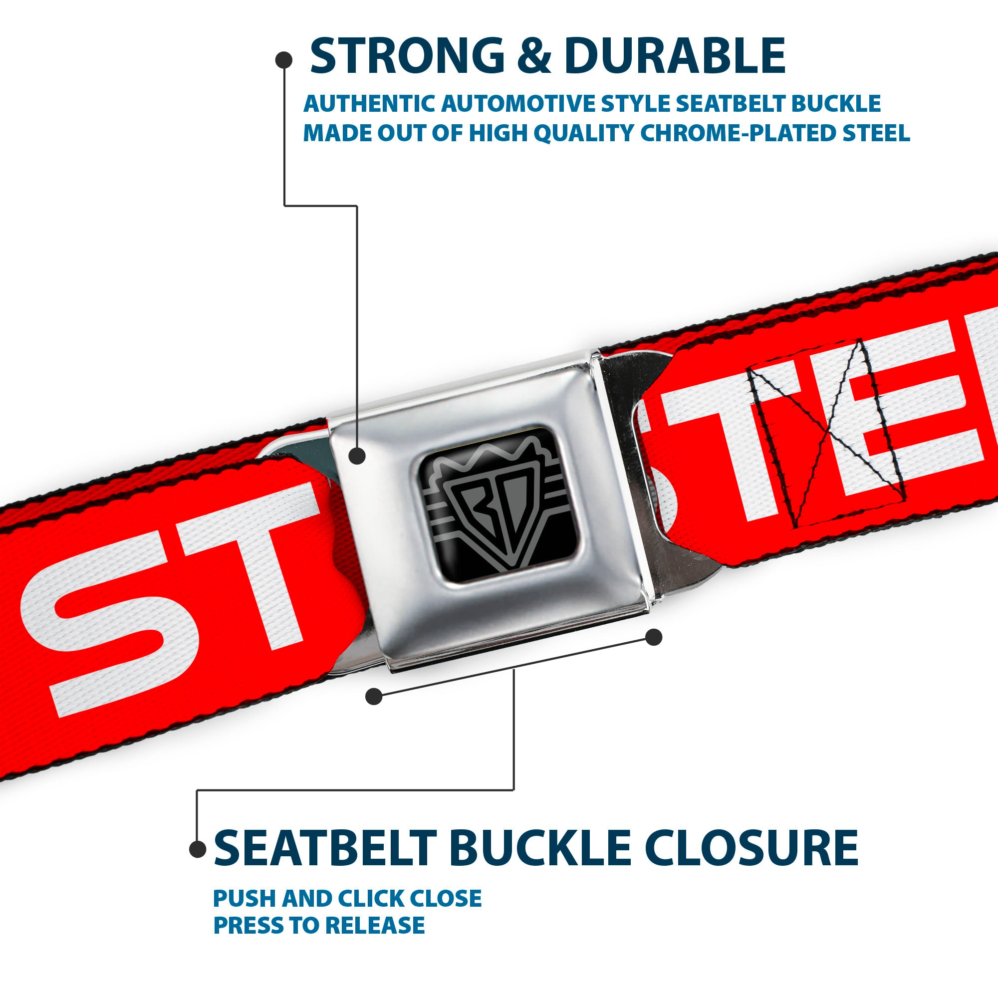 BD Wings Logo CLOSE-UP Full Color Black Silver Seatbelt Belt - STEEZ Flat Red/White Webbing Seatbelt Belts Buckle-Down