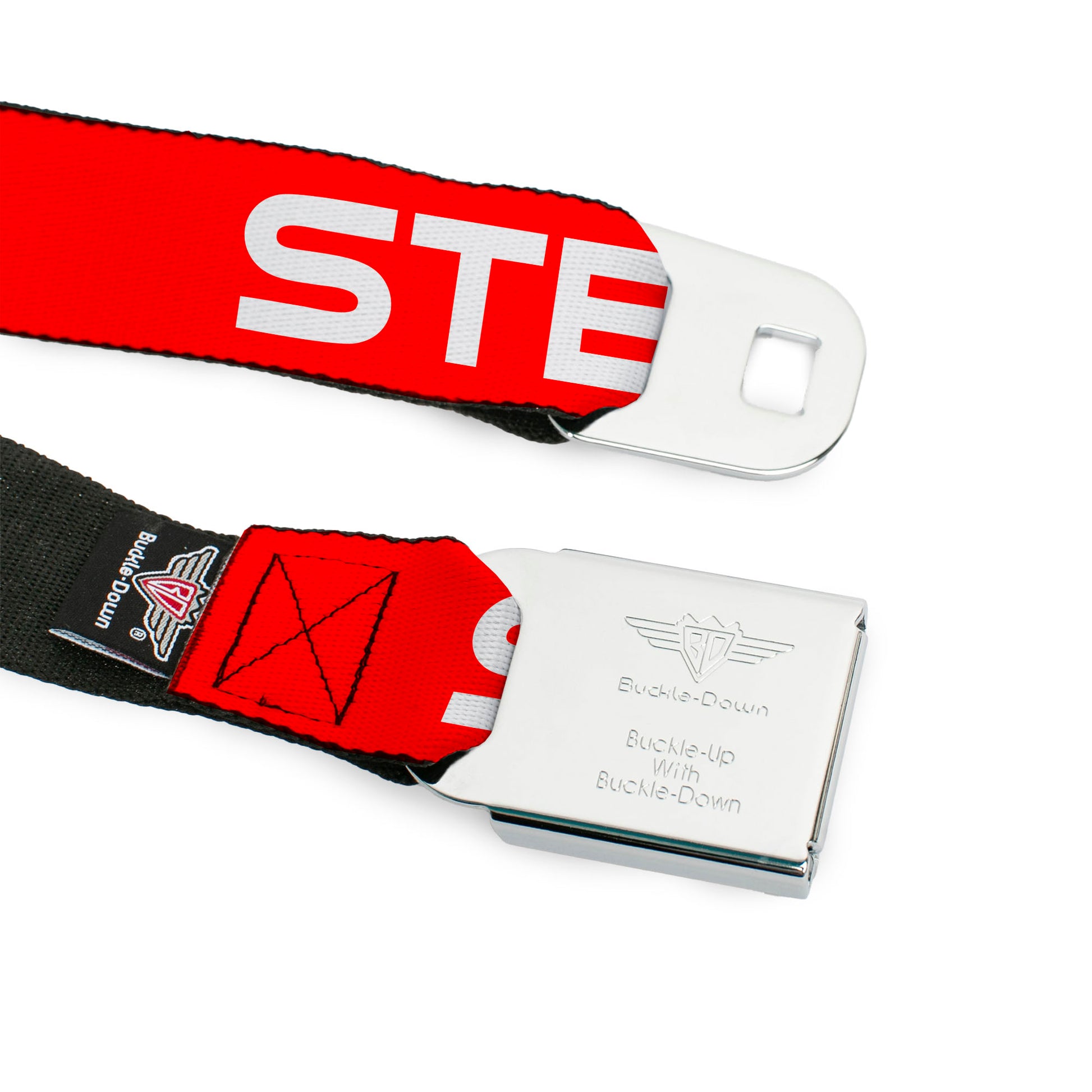 BD Wings Logo CLOSE-UP Full Color Black Silver Seatbelt Belt - STEEZ Flat Red/White Webbing Seatbelt Belts Buckle-Down