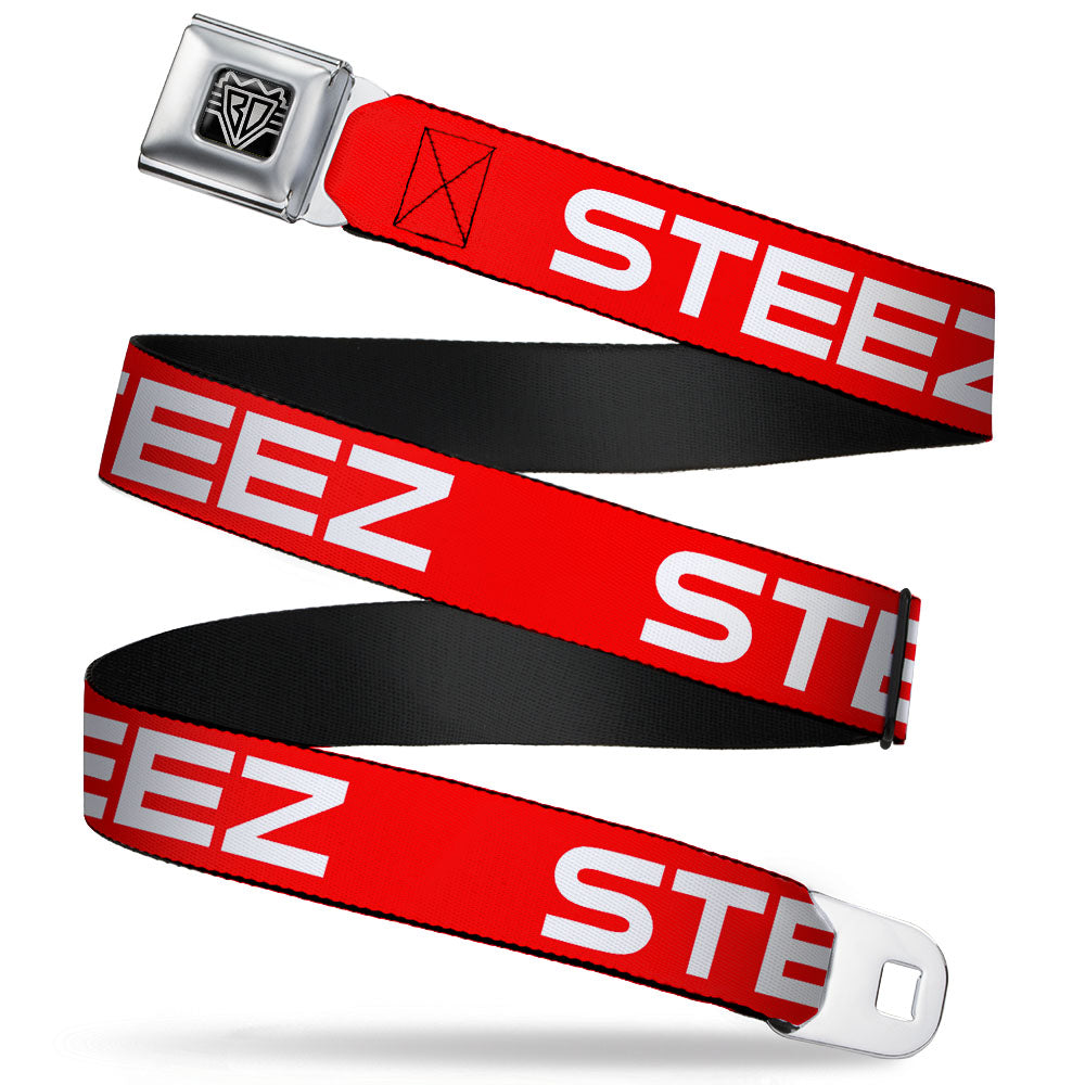 BD Wings Logo CLOSE-UP Full Color Black Silver Seatbelt Belt - STEEZ Flat Red/White Webbing Seatbelt Belts Buckle-Down