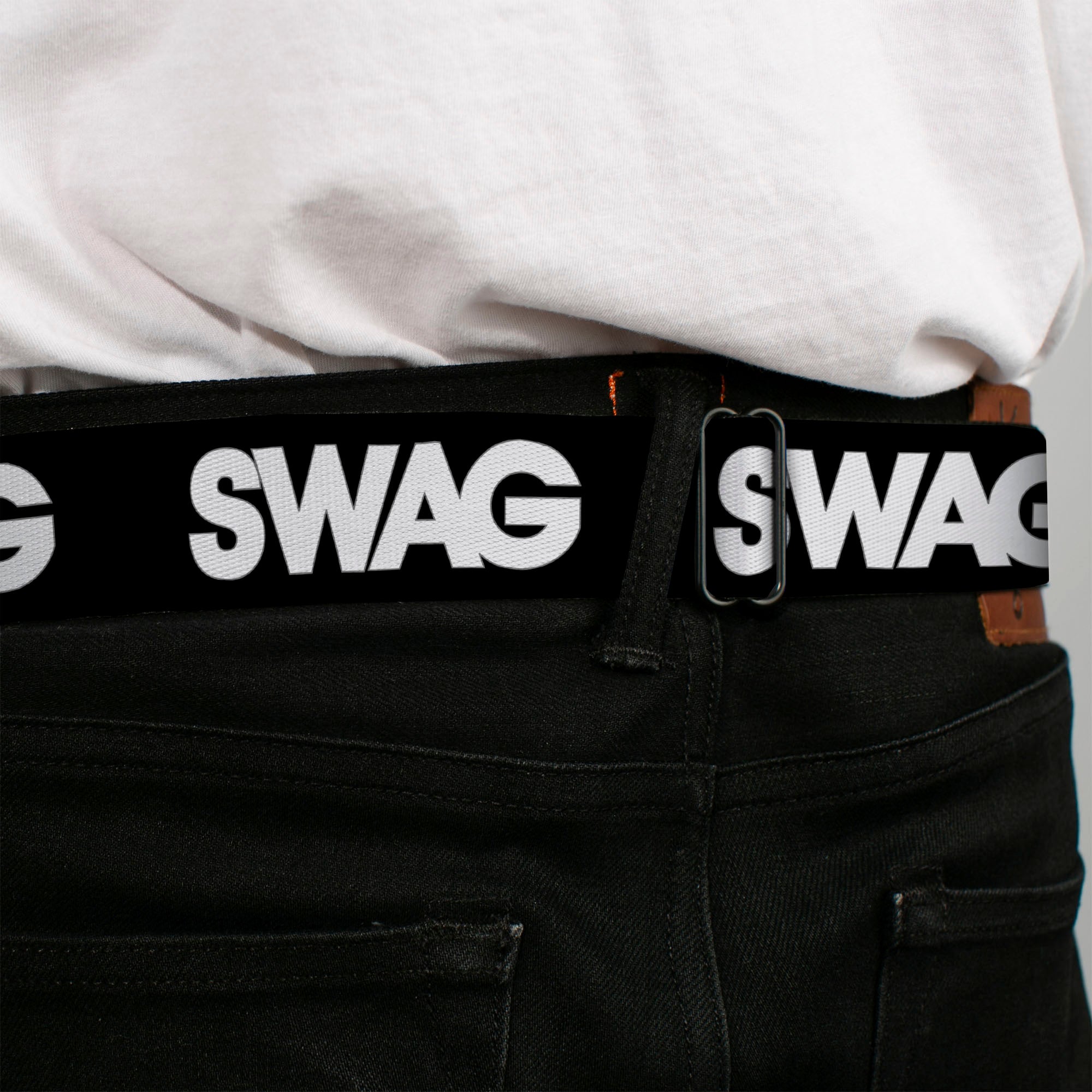 BD Wings Logo CLOSE-UP Full Color Black Silver Seatbelt Belt - SWAG Black/White Webbing Seatbelt Belts Buckle-Down