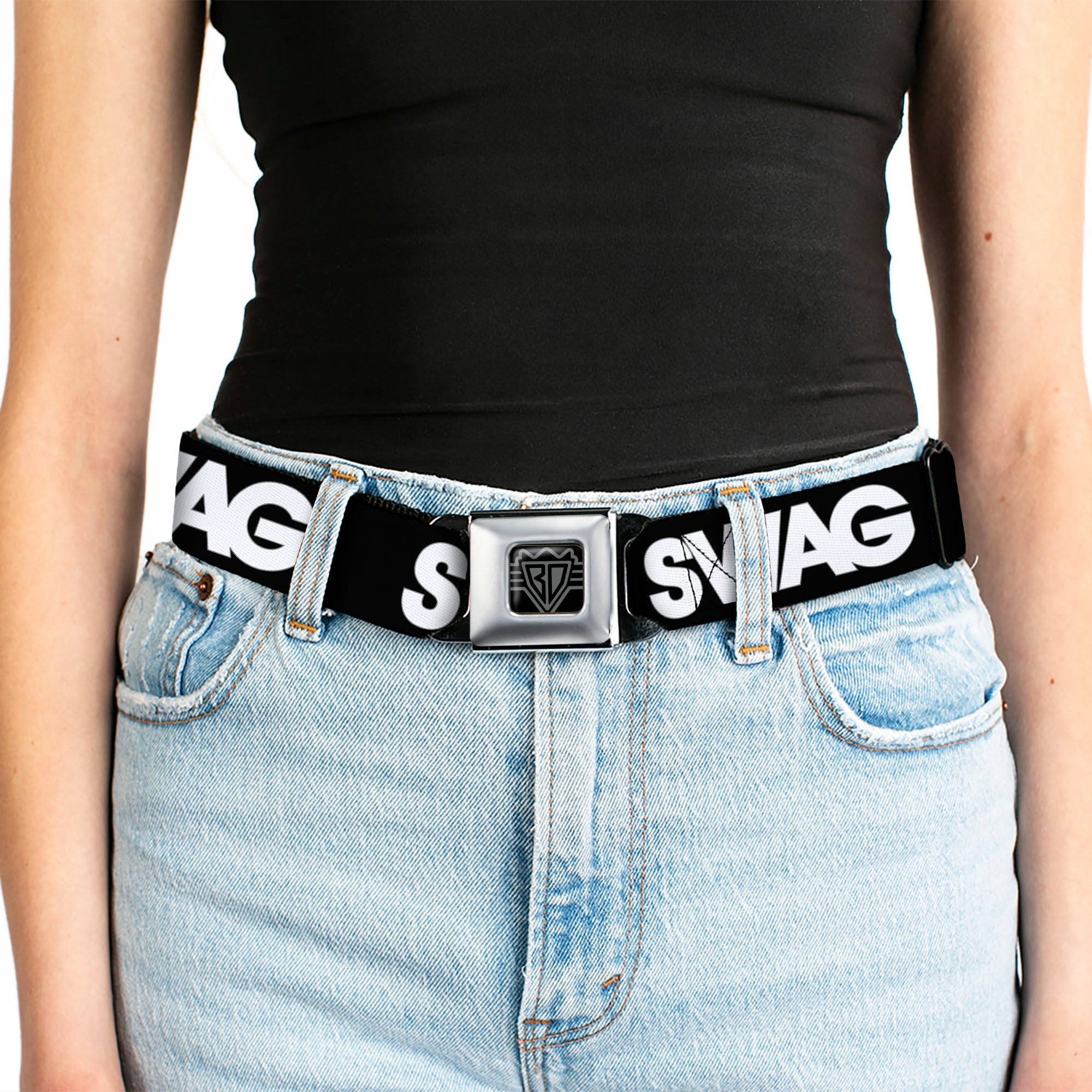 BD Wings Logo CLOSE-UP Full Color Black Silver Seatbelt Belt - SWAG Black/White Webbing Seatbelt Belts Buckle-Down