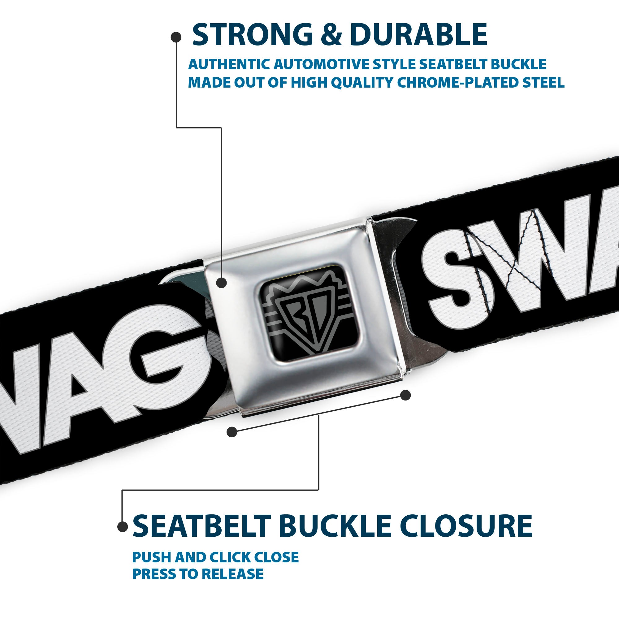 BD Wings Logo CLOSE-UP Full Color Black Silver Seatbelt Belt - SWAG Black/White Webbing Seatbelt Belts Buckle-Down