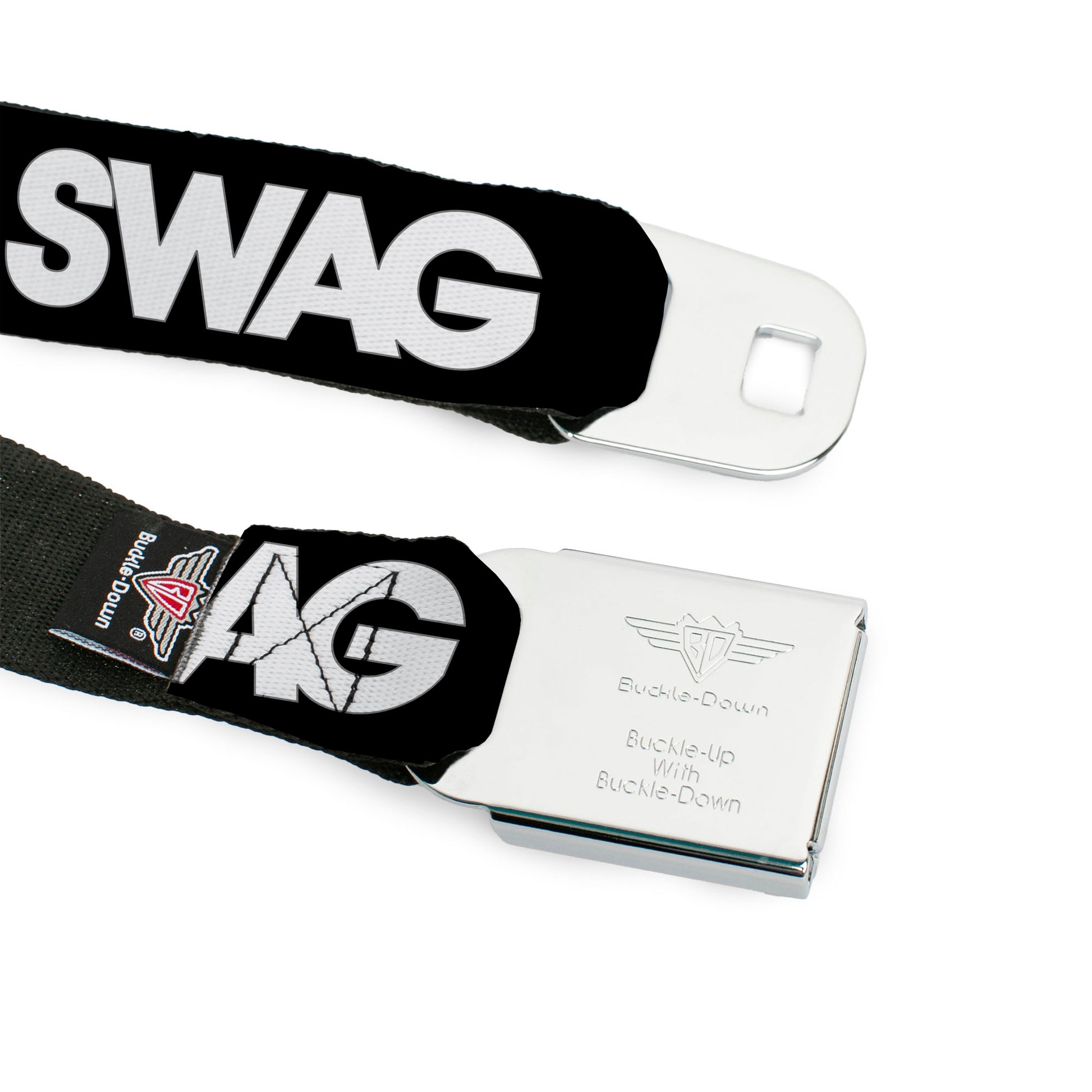 BD Wings Logo CLOSE-UP Full Color Black Silver Seatbelt Belt - SWAG Black/White Webbing Seatbelt Belts Buckle-Down