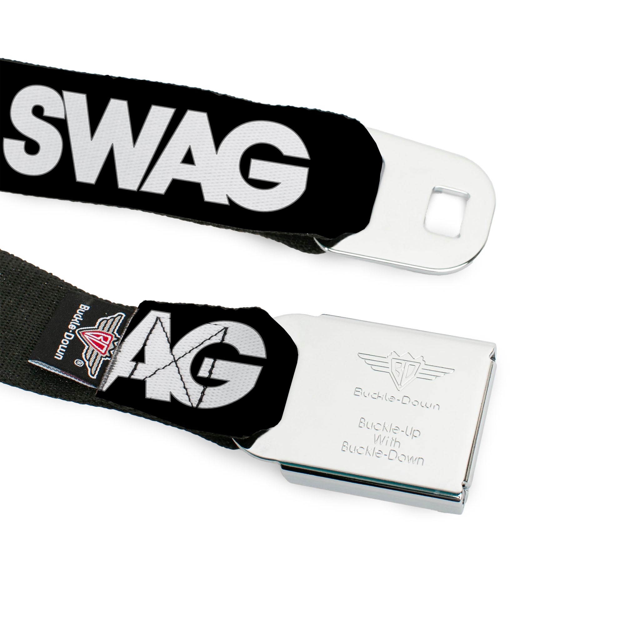 BD Wings Logo CLOSE-UP Full Color Black Silver Seatbelt Belt - SWAG Black/White Webbing Seatbelt Belts Buckle-Down