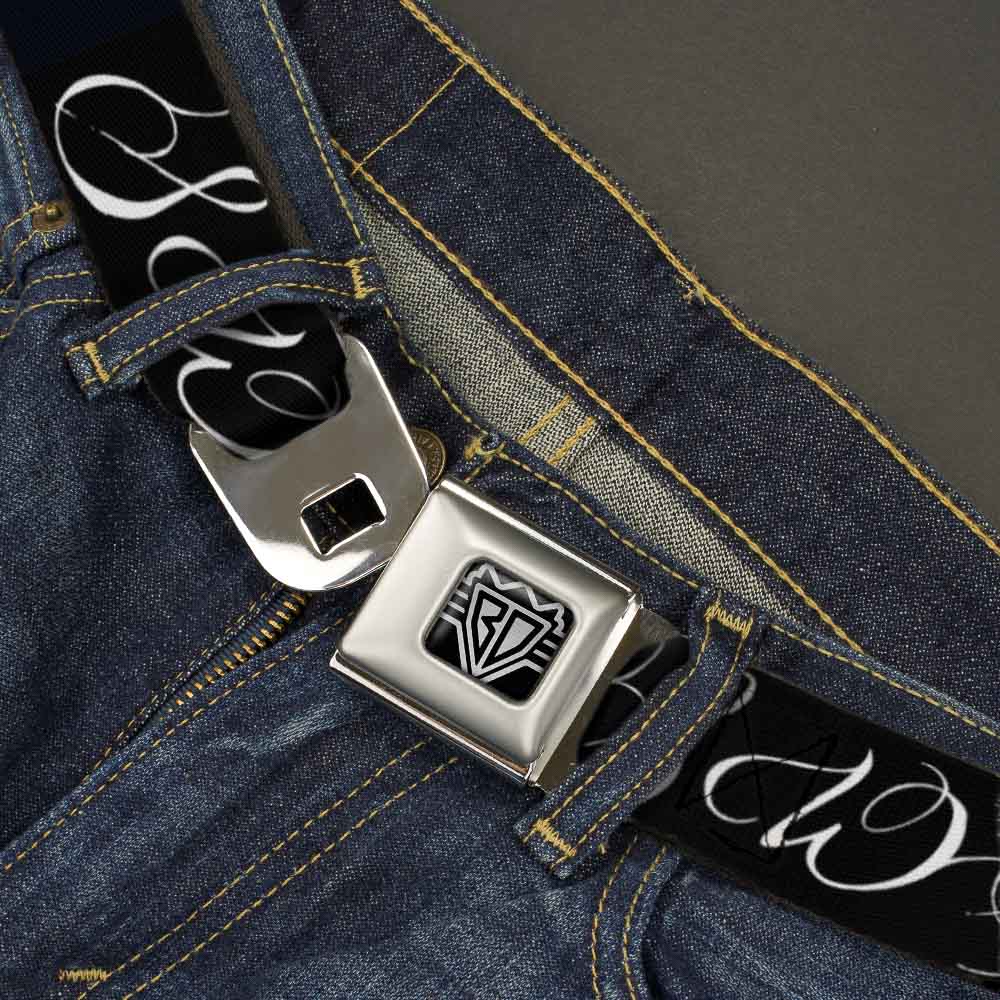 BD Wings Logo CLOSE-UP Full Color Black Silver Seatbelt Belt - SWAG Script Black/White Webbing Seatbelt Belts Buckle-Down