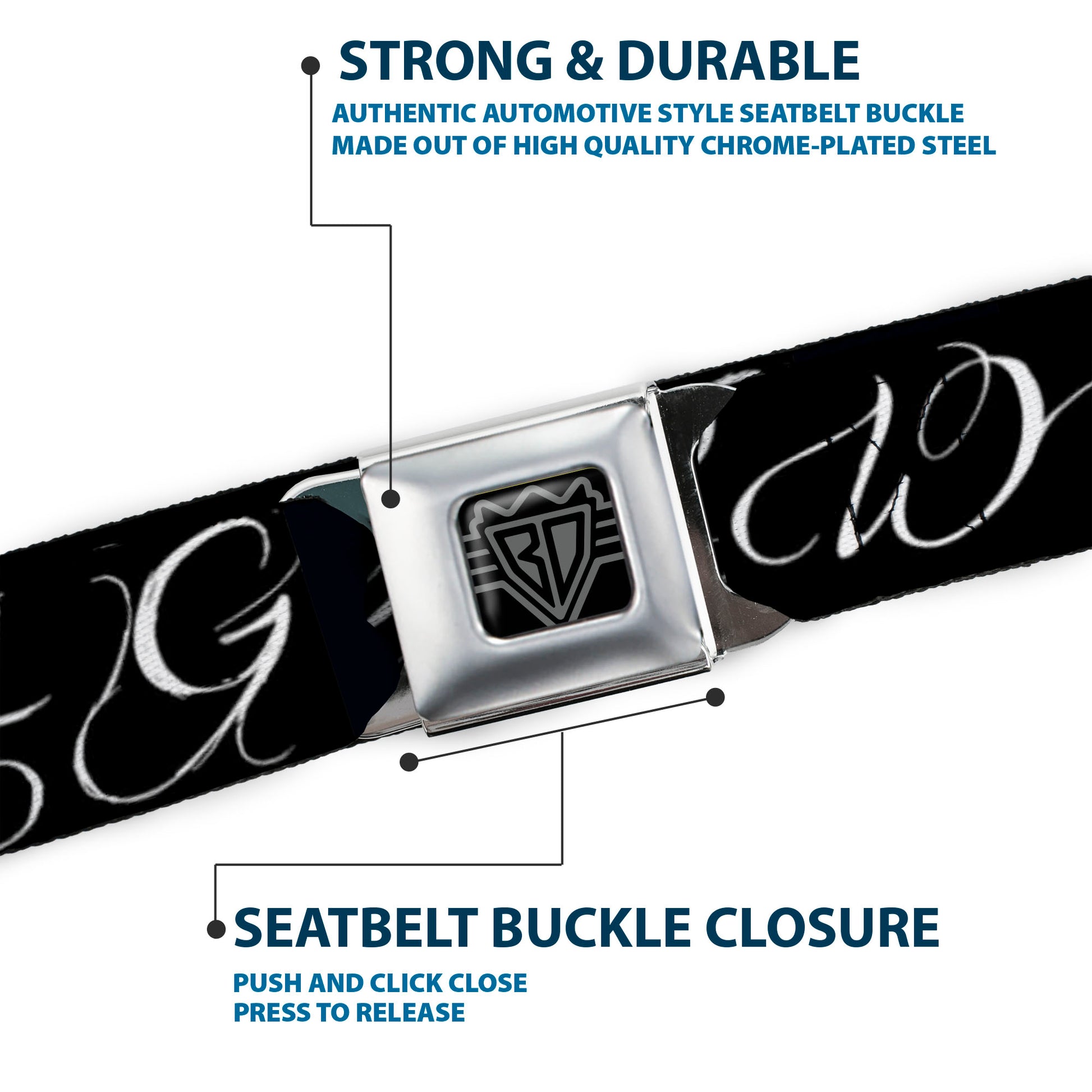 BD Wings Logo CLOSE-UP Full Color Black Silver Seatbelt Belt - SWAG Script Black/White Webbing Seatbelt Belts Buckle-Down