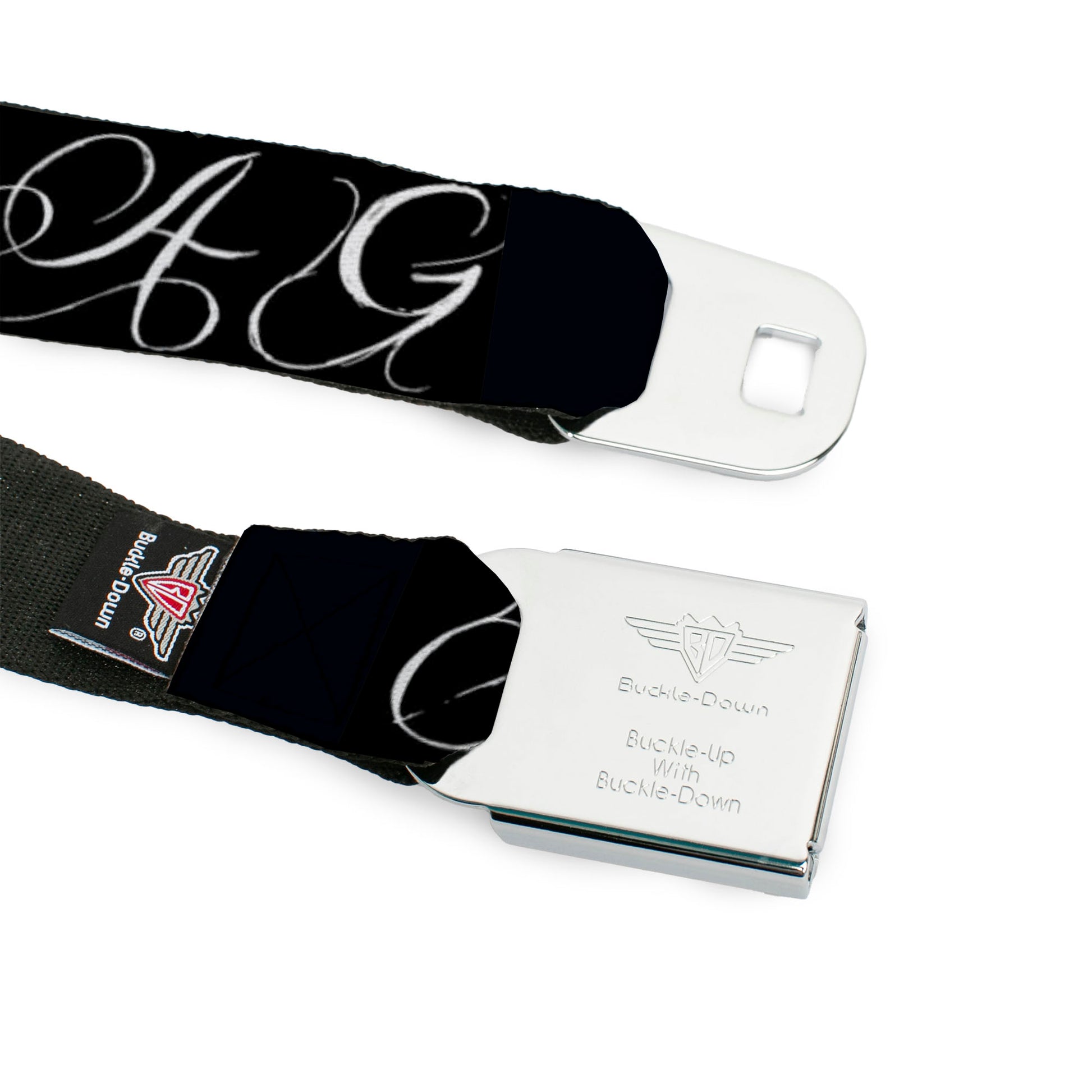 BD Wings Logo CLOSE-UP Full Color Black Silver Seatbelt Belt - SWAG Script Black/White Webbing Seatbelt Belts Buckle-Down