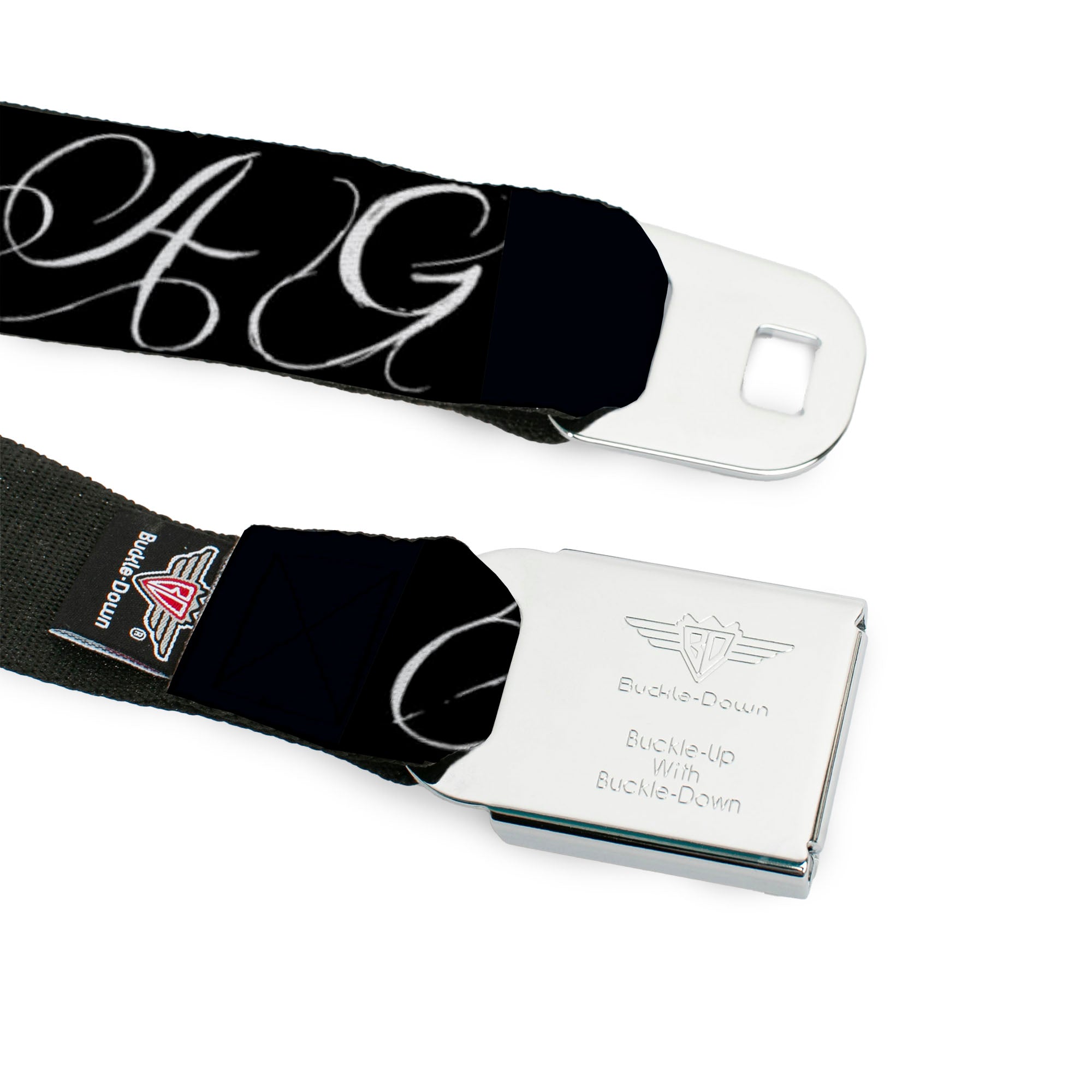 BD Wings Logo CLOSE-UP Full Color Black Silver Seatbelt Belt - SWAG Script Black/White Webbing Seatbelt Belts Buckle-Down