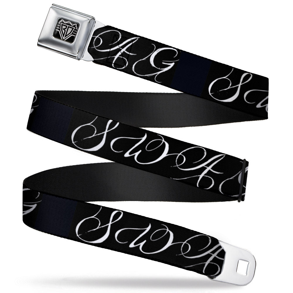 BD Wings Logo CLOSE-UP Full Color Black Silver Seatbelt Belt - SWAG Script Black/White Webbing Seatbelt Belts Buckle-Down