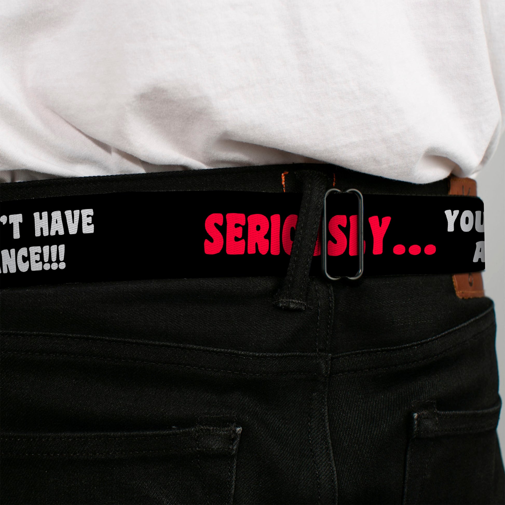 BD Wings Logo CLOSE-UP Full Color Black Silver Seatbelt Belt - SERIOUSLYâ€¦YOU DON'T HAVE A CHANCE Black/Red/White Webbing Seatbelt Belts Buckle-Down