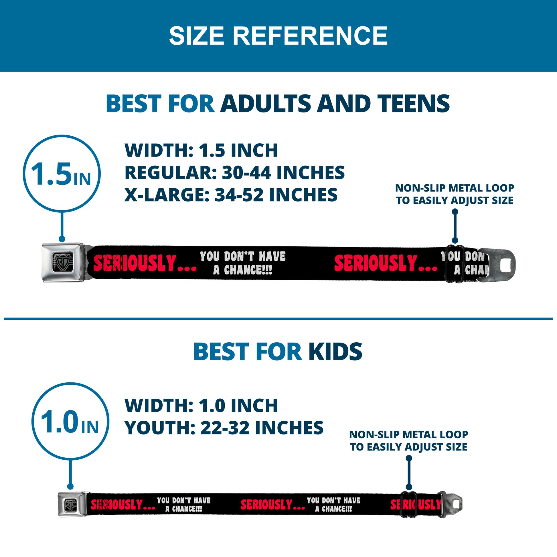 BD Wings Logo CLOSE-UP Full Color Black Silver Seatbelt Belt - SERIOUSLYâ€¦YOU DON'T HAVE A CHANCE Black/Red/White Webbing Seatbelt Belts Buckle-Down