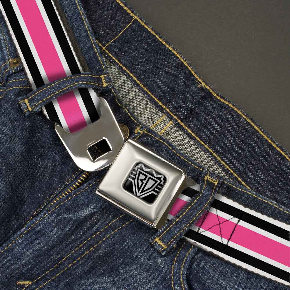 BD Wings Logo CLOSE-UP Full Color Black Silver Seatbelt Belt - Stripes White/Black/White/Pink Webbing Seatbelt Belts Buckle-Down