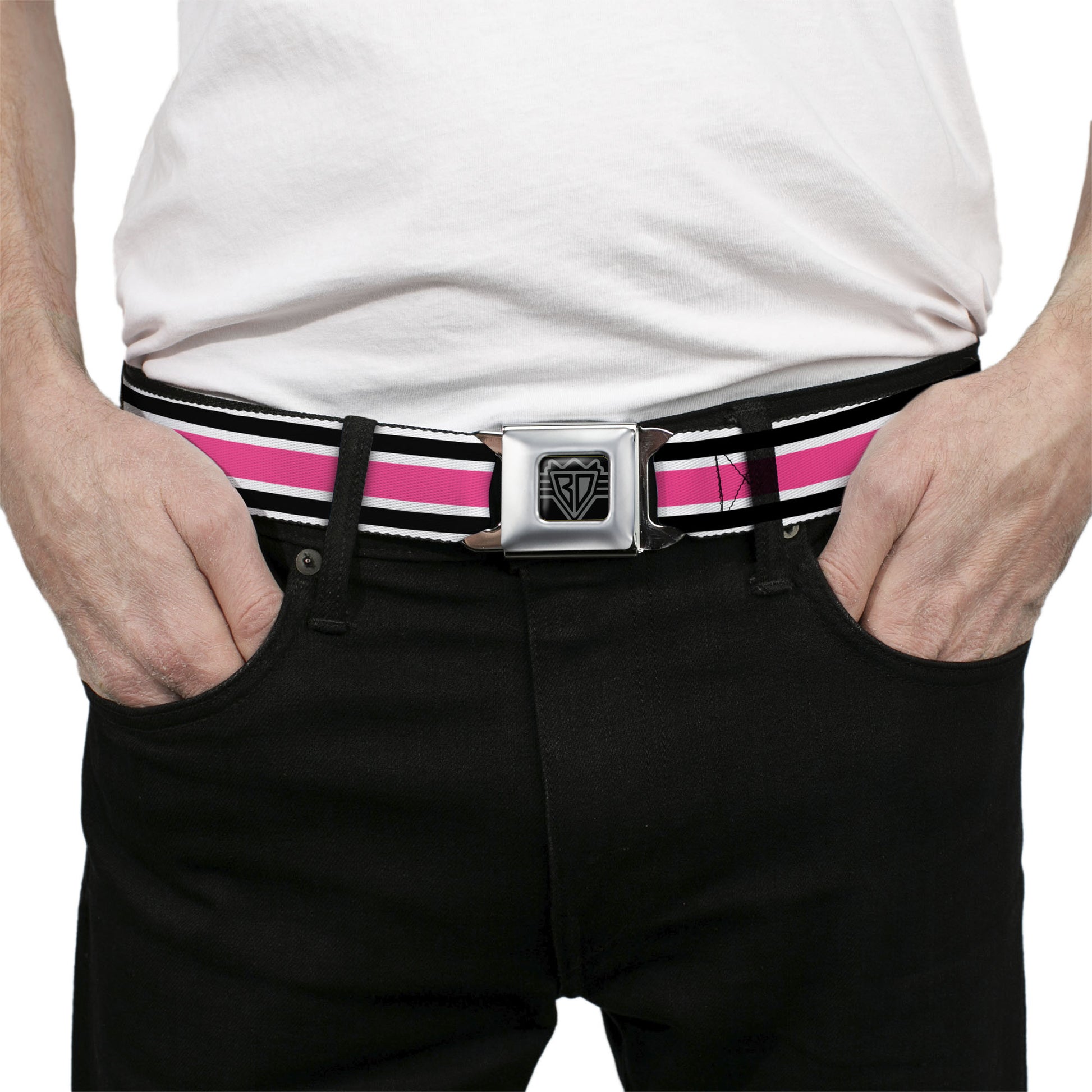 BD Wings Logo CLOSE-UP Full Color Black Silver Seatbelt Belt - Stripes White/Black/White/Pink Webbing Seatbelt Belts Buckle-Down