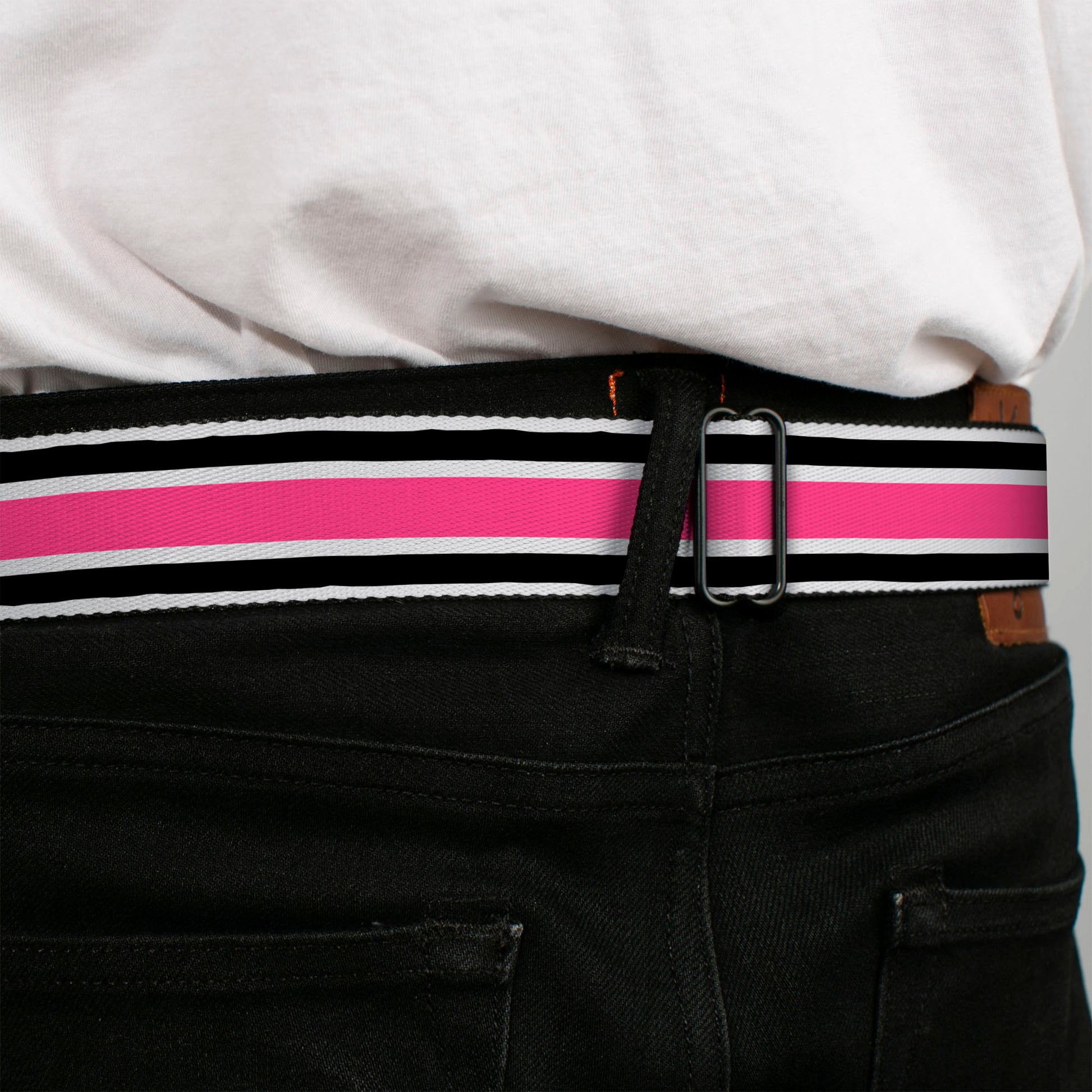 BD Wings Logo CLOSE-UP Full Color Black Silver Seatbelt Belt - Stripes White/Black/White/Pink Webbing Seatbelt Belts Buckle-Down
