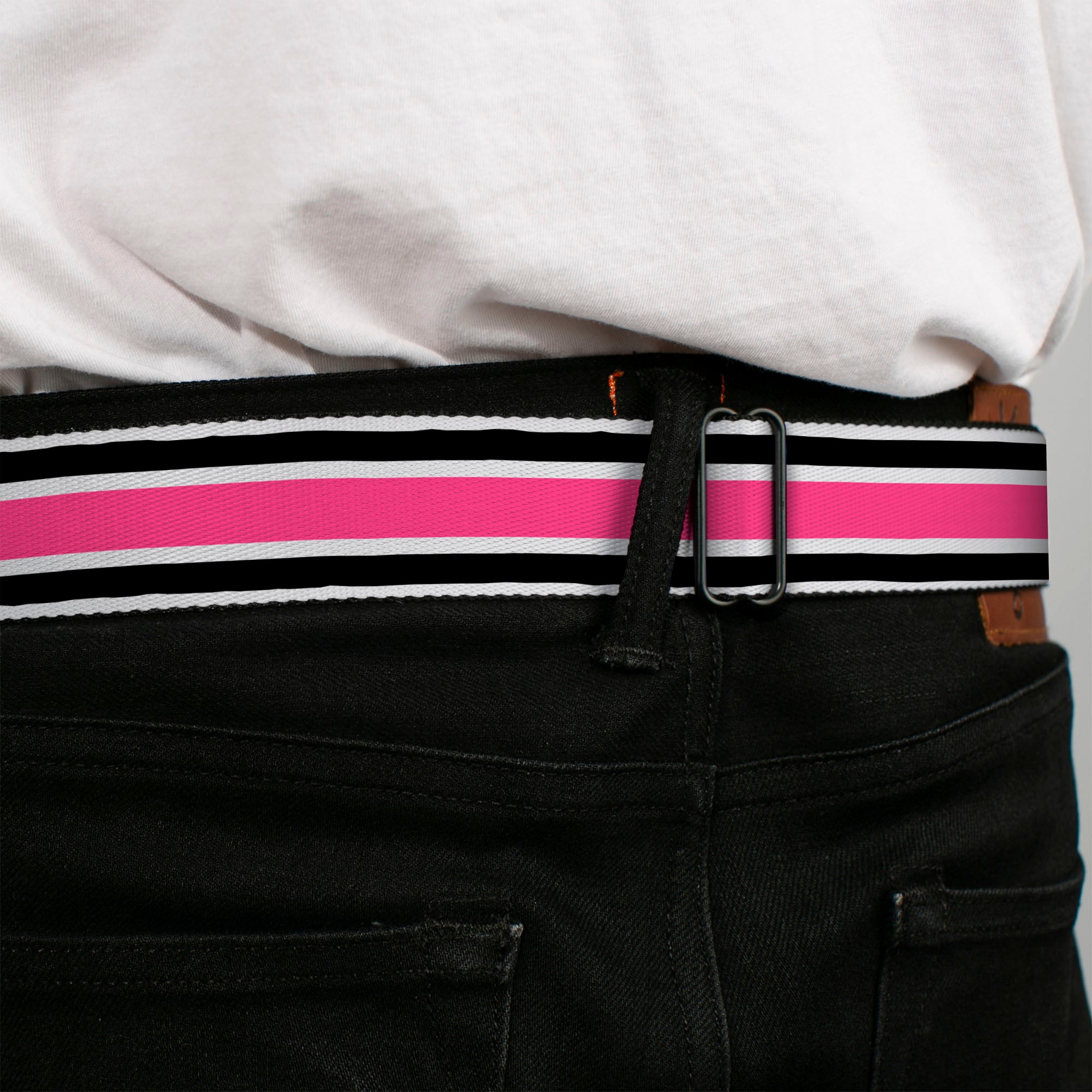 BD Wings Logo CLOSE-UP Full Color Black Silver Seatbelt Belt - Stripes White/Black/White/Pink Webbing Seatbelt Belts Buckle-Down