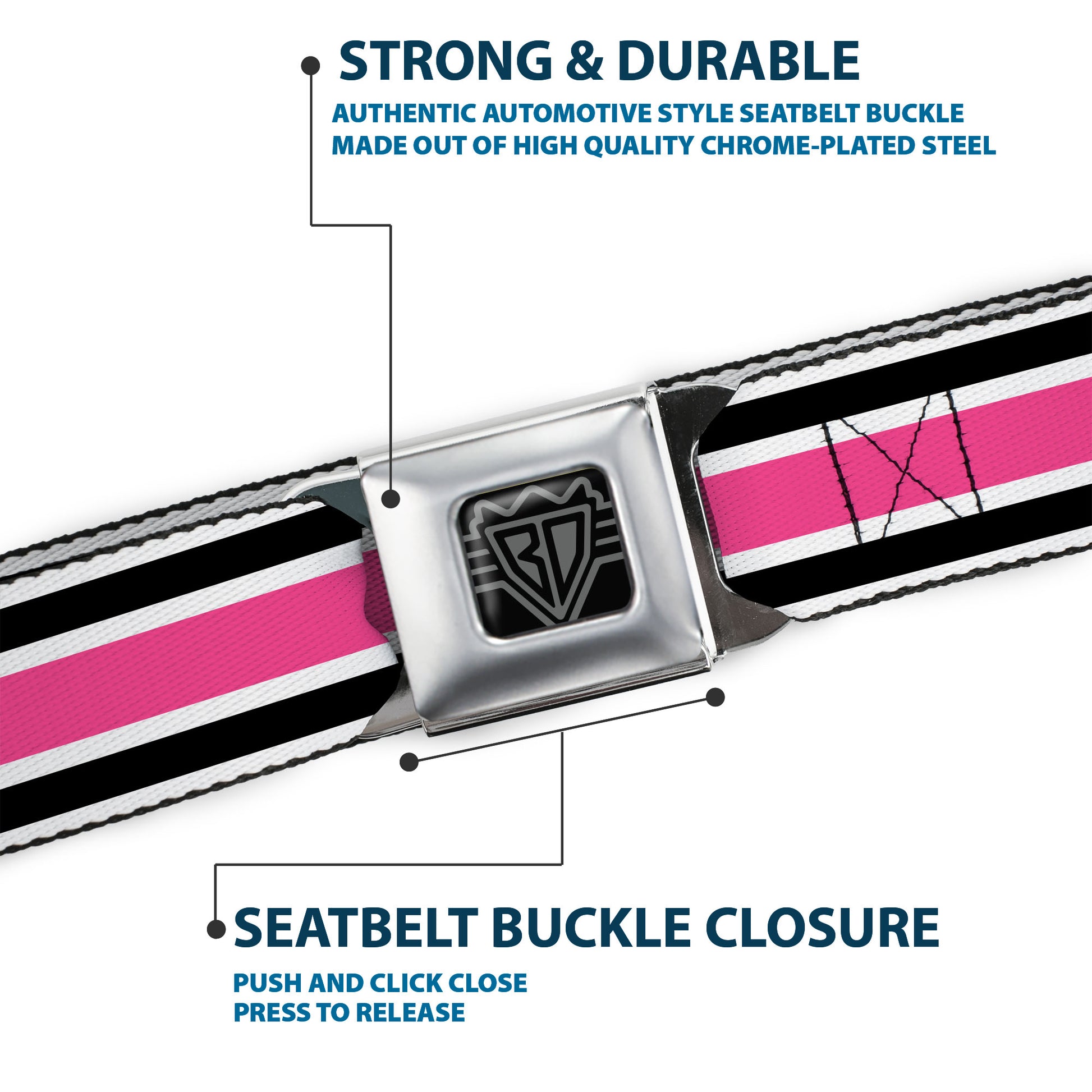 BD Wings Logo CLOSE-UP Full Color Black Silver Seatbelt Belt - Stripes White/Black/White/Pink Webbing Seatbelt Belts Buckle-Down