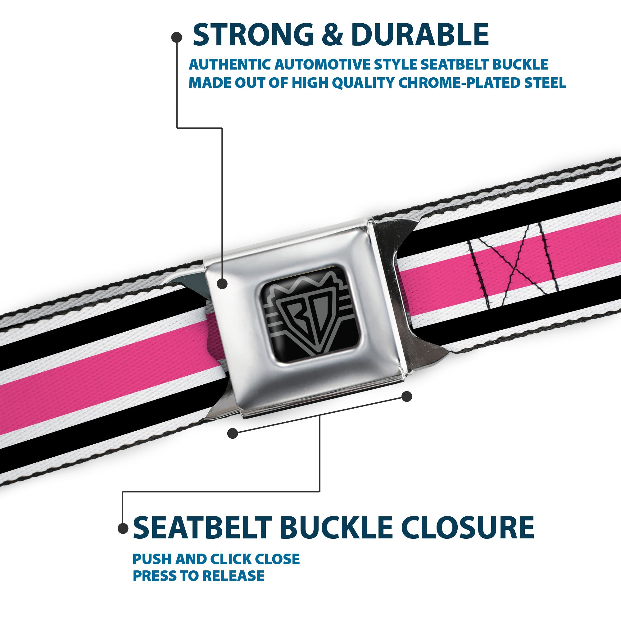 BD Wings Logo CLOSE-UP Full Color Black Silver Seatbelt Belt - Stripes White/Black/White/Pink Webbing Seatbelt Belts Buckle-Down