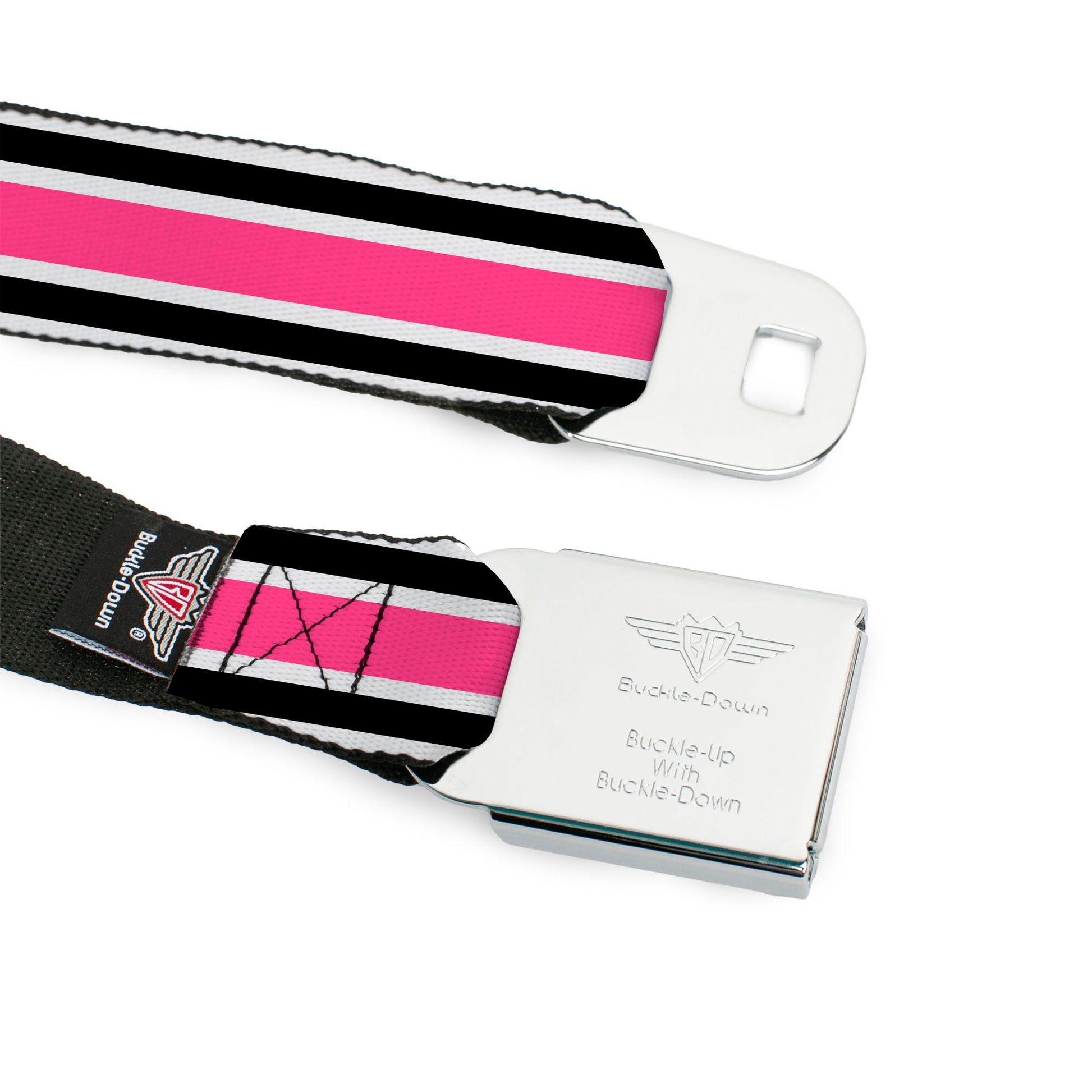 BD Wings Logo CLOSE-UP Full Color Black Silver Seatbelt Belt - Stripes White/Black/White/Pink Webbing Seatbelt Belts Buckle-Down