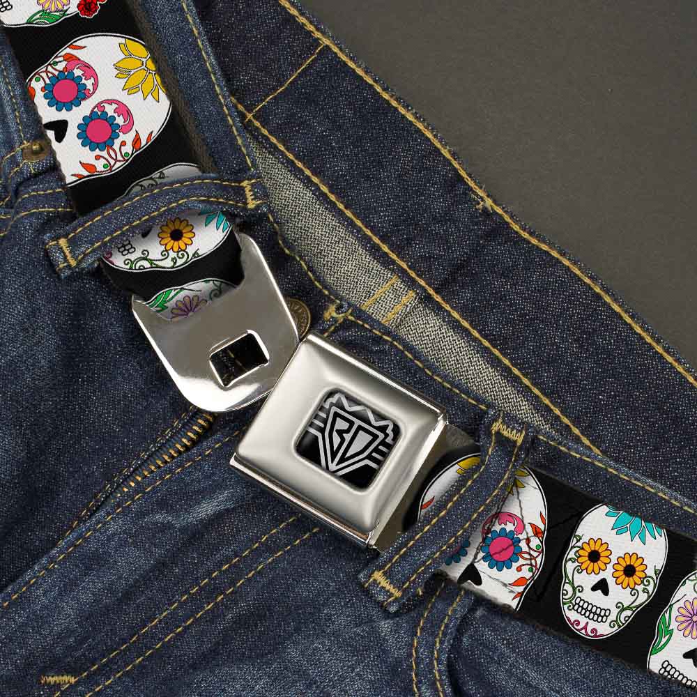 BD Wings Logo CLOSE-UP Full Color Black Silver Seatbelt Belt - Sugar Skull Outline Black/Multi Color Webbing Seatbelt Belts Buckle-Down